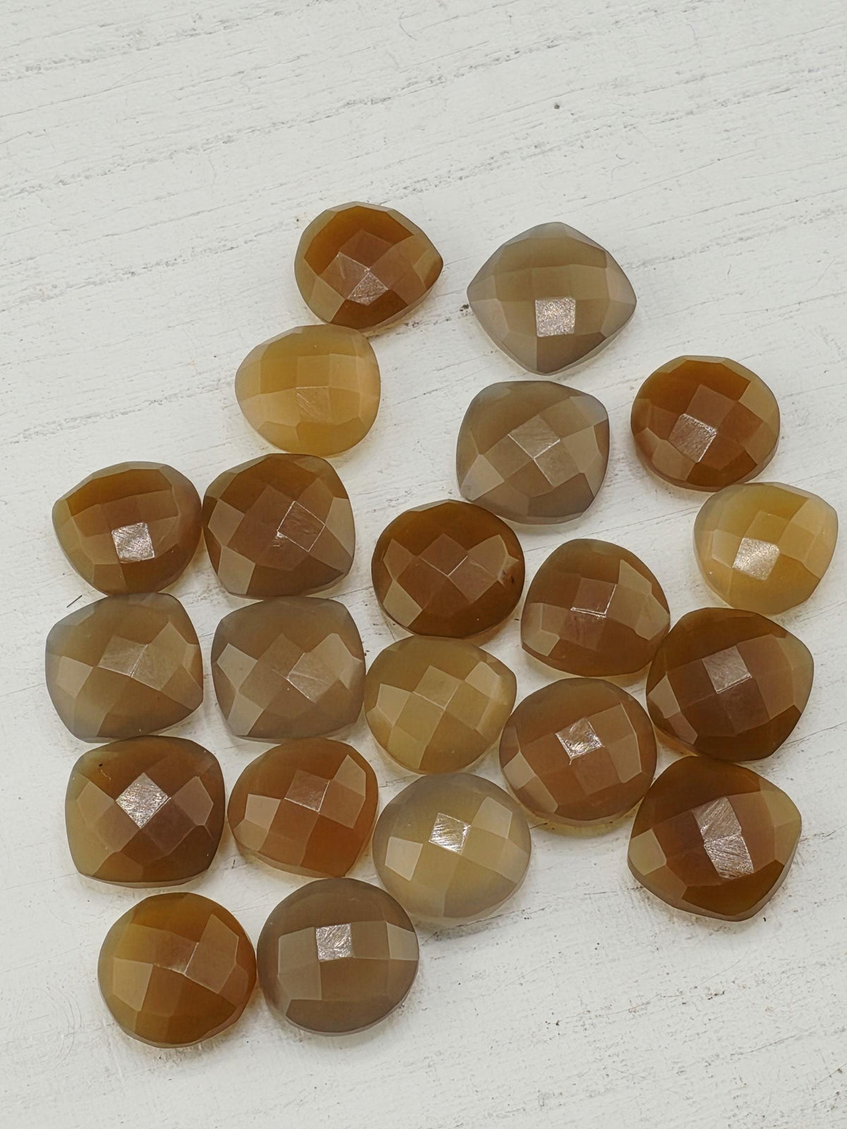 Brown Faceted Stone Lot ~21 Stones, 12mm, Double Sided Loose Gemstones Square Round Triangle Mix, Wire Wrapping Destash Supply