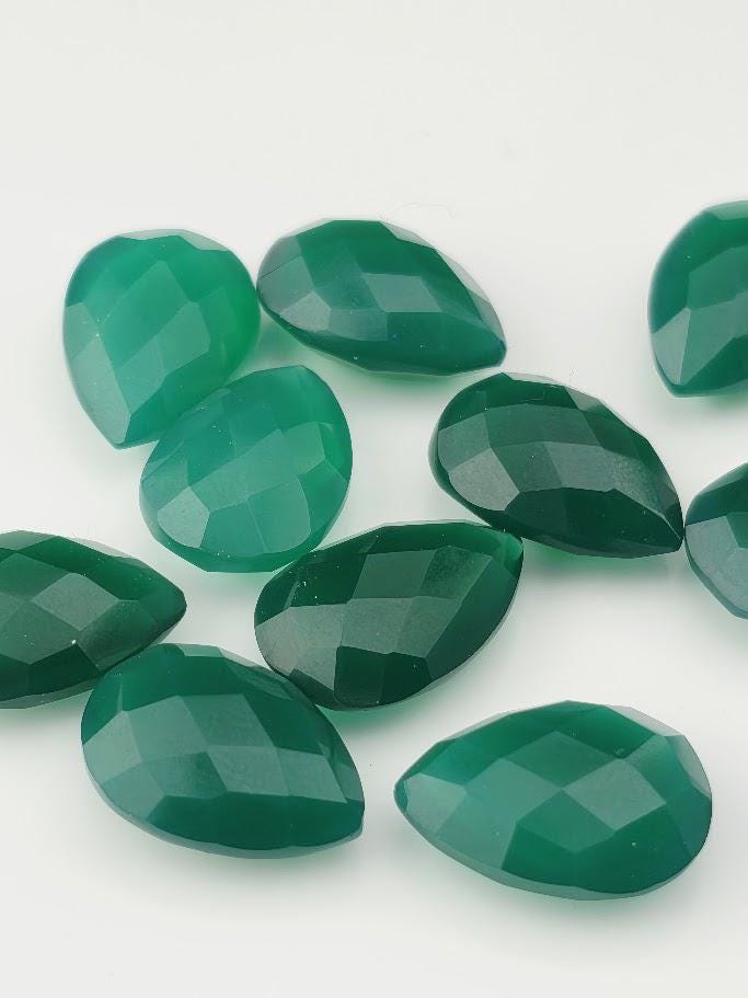 Green Onyx Faceted Pear Lot ~10 Stones, 14x10mm, Double Sided Loose Teardrop Gemstones Wire Wrapping Bezel Setting, Destash Supply