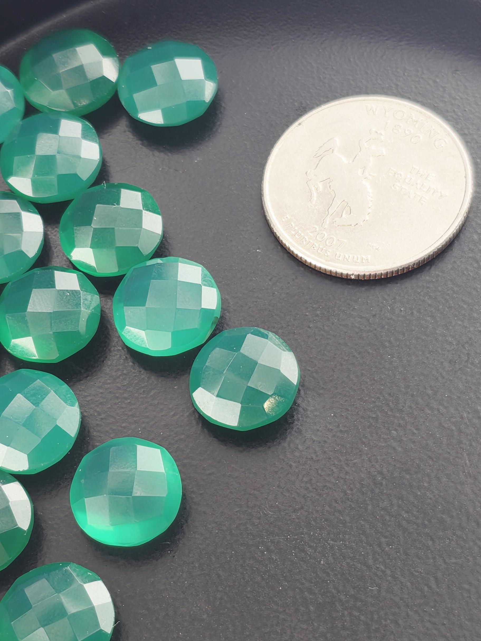 Green Onyx Faceted Stone Lot ~23 Stones, 12mm Round, Double Sided Loose Green Gemstones Wire Wrapping Bezel Setting, Destash Supply