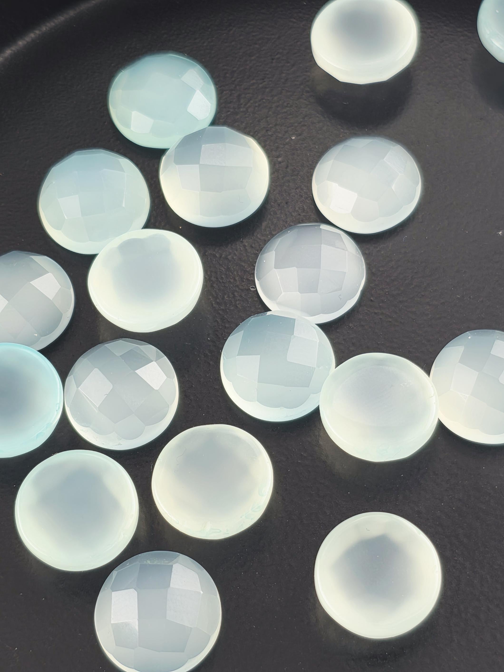 Seafoam Aqua Chalcedony Faceted Cabochon Lot ~27 Stones, 12mm, Loose Cabochons Wire Wrapping Bezel Setting, Destash Jewelry Supply