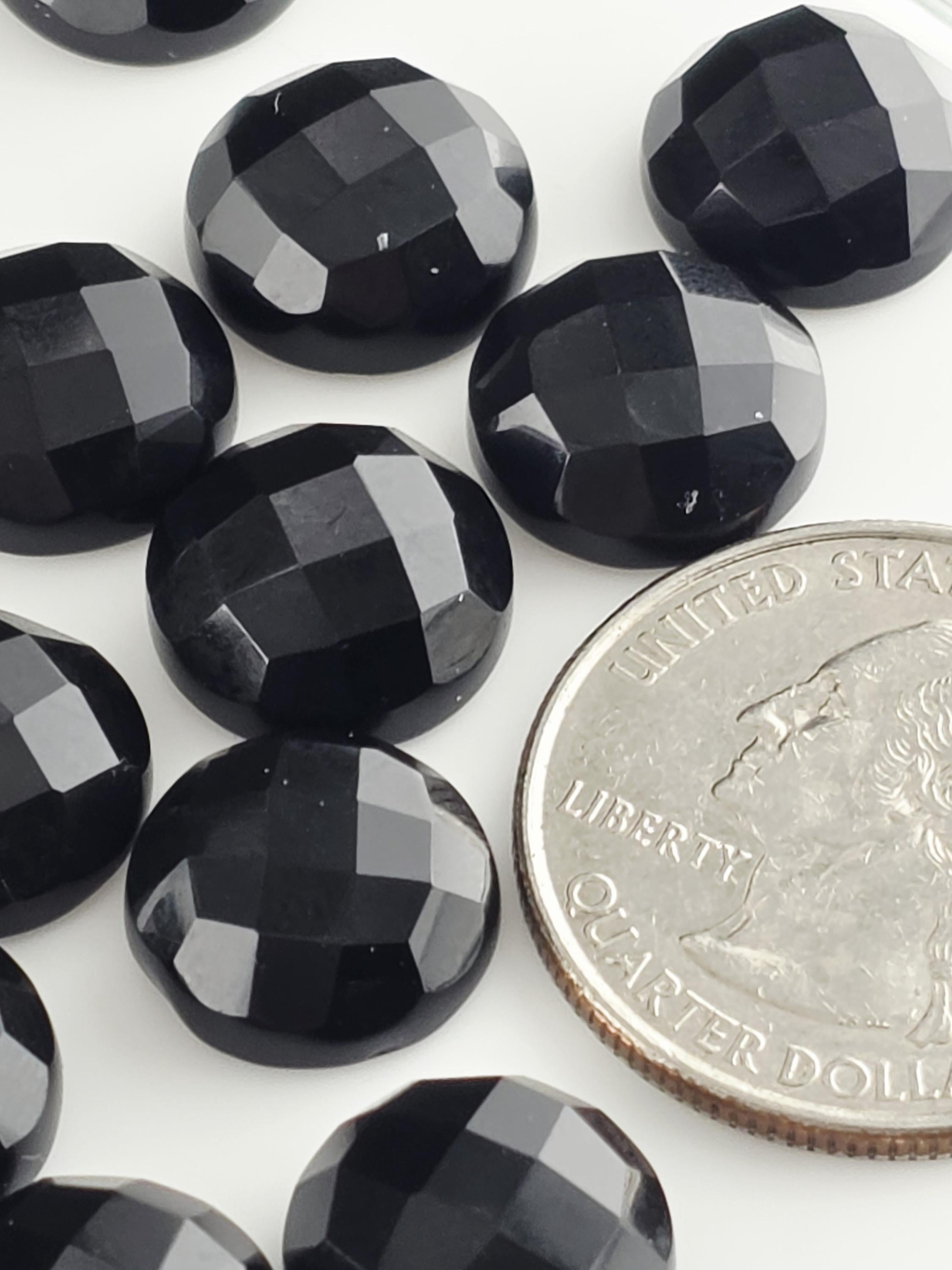 Black Onyx Faceted Cabochon Lot ~21 Stones, 12mm, Loose Black Cabochons for Wire Wrapping Bezel Setting, Destash Jewelry Supply Mix