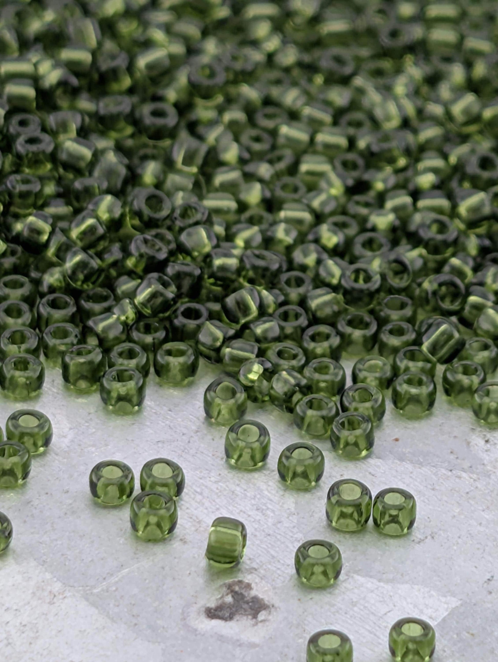 Olive Green Transparent Matsuno Seed Beads | Size 11/0 (2mm) | 15g, ~1650 pcs