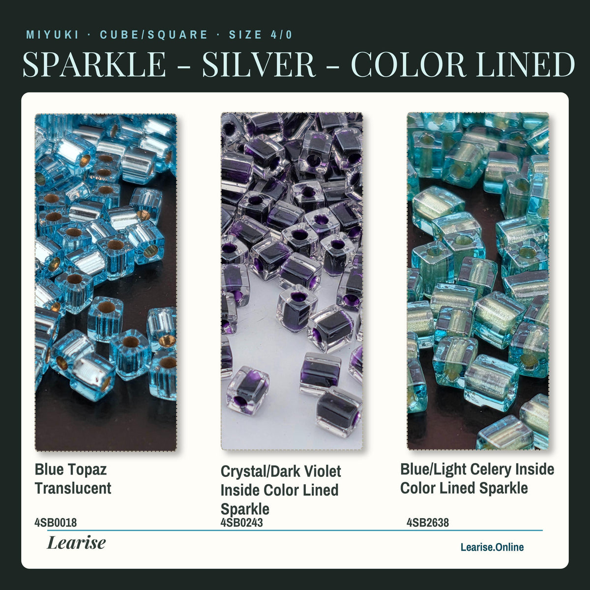 Miyuki 4mm Cube Beads 15g - Sparkle & Silver Lined - 56 color options - Japanese Glass Square Bead Supply