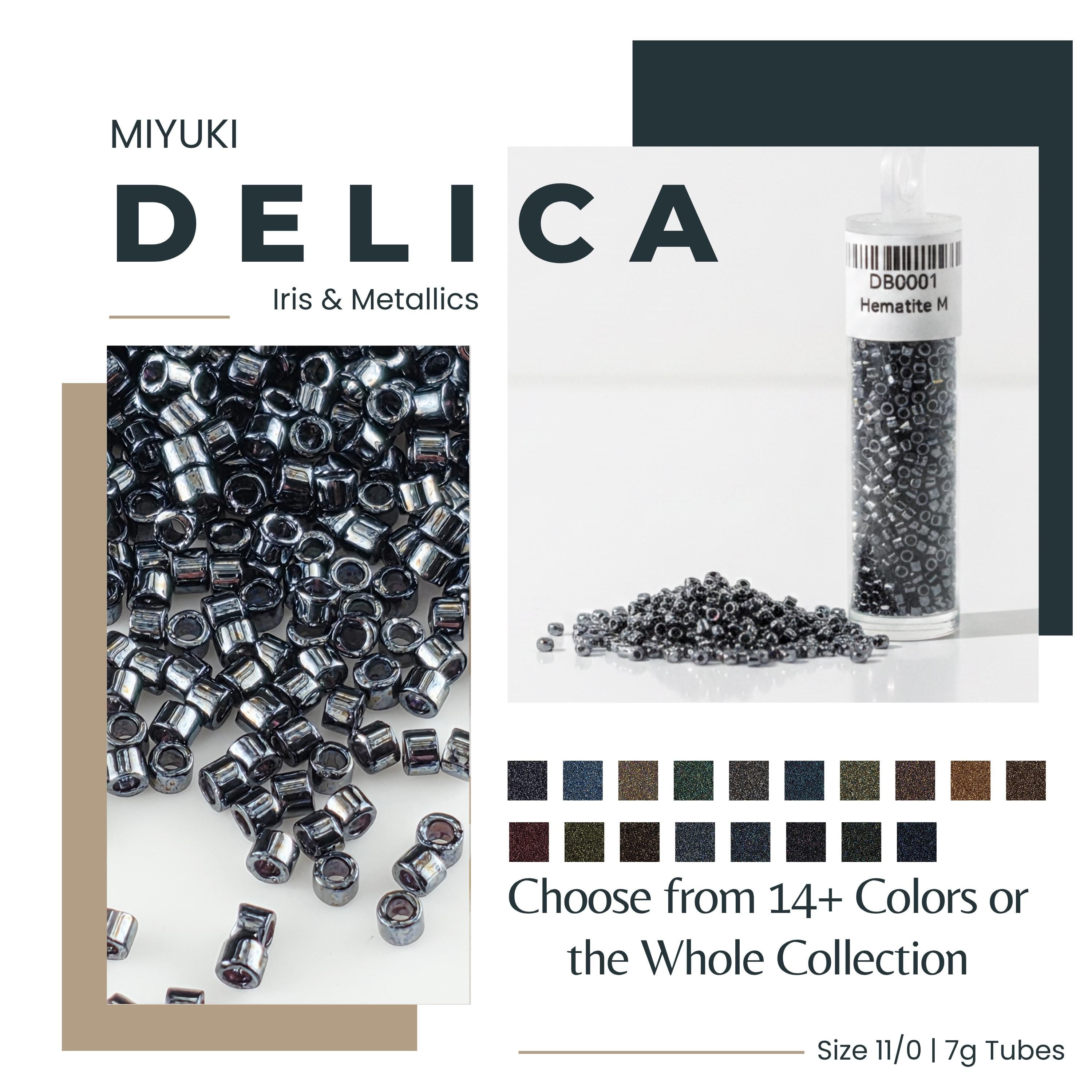 The image is a promotional advertisement for a product called "Miyuki Delica" that is available in 14+ colors and in the whole collection. The product is in the form of 17g tubes. The ad showcases a variety of sizes, including 11/0/1g tubes, and features a close-up of the product as well as a close-up of the product in a container.