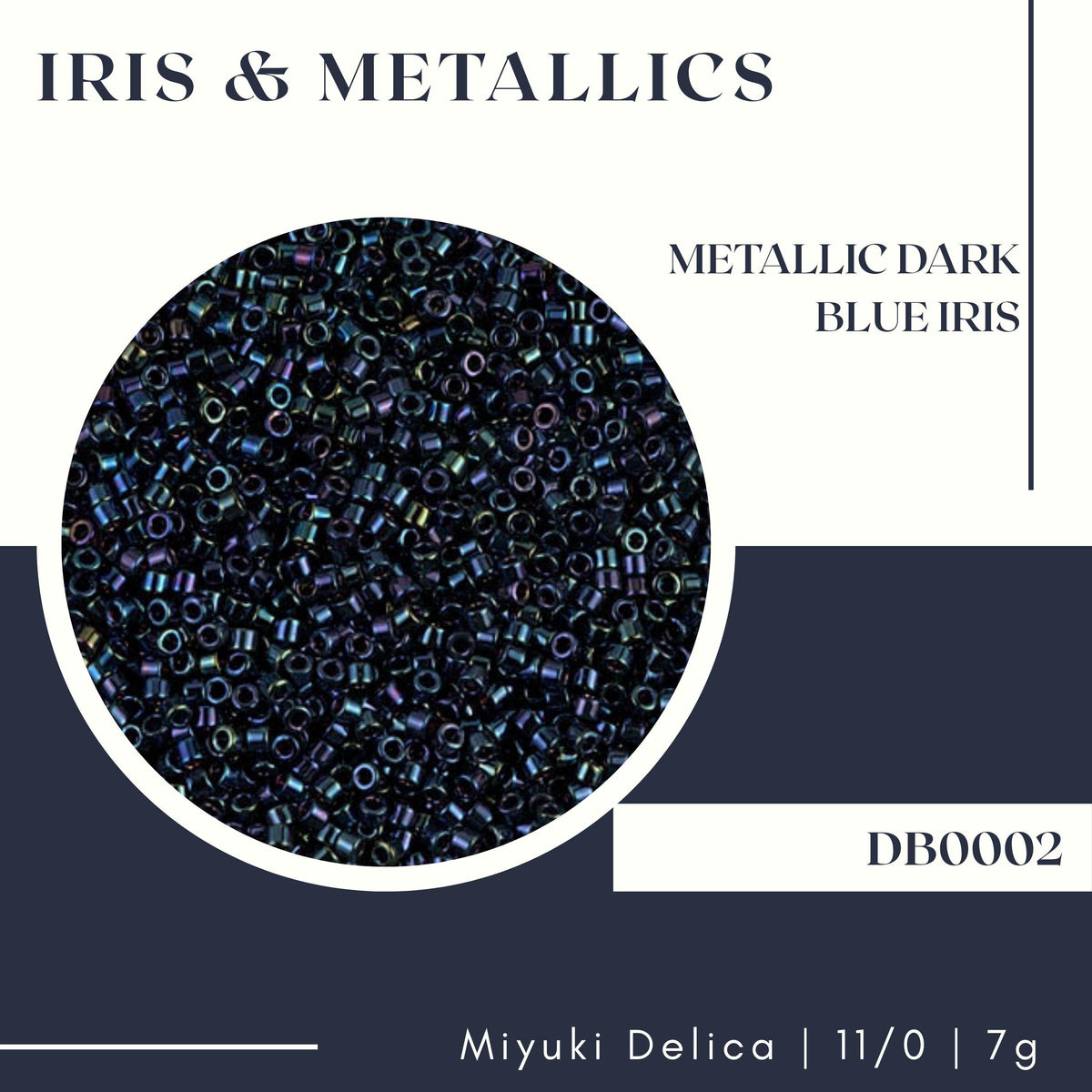 The image is a collage of multiple images, including a close-up of a circular object with a dark blue color and a description of the object as "METALLIC DARK BLUE IRIS" and "DB0002" in the bottom right corner.