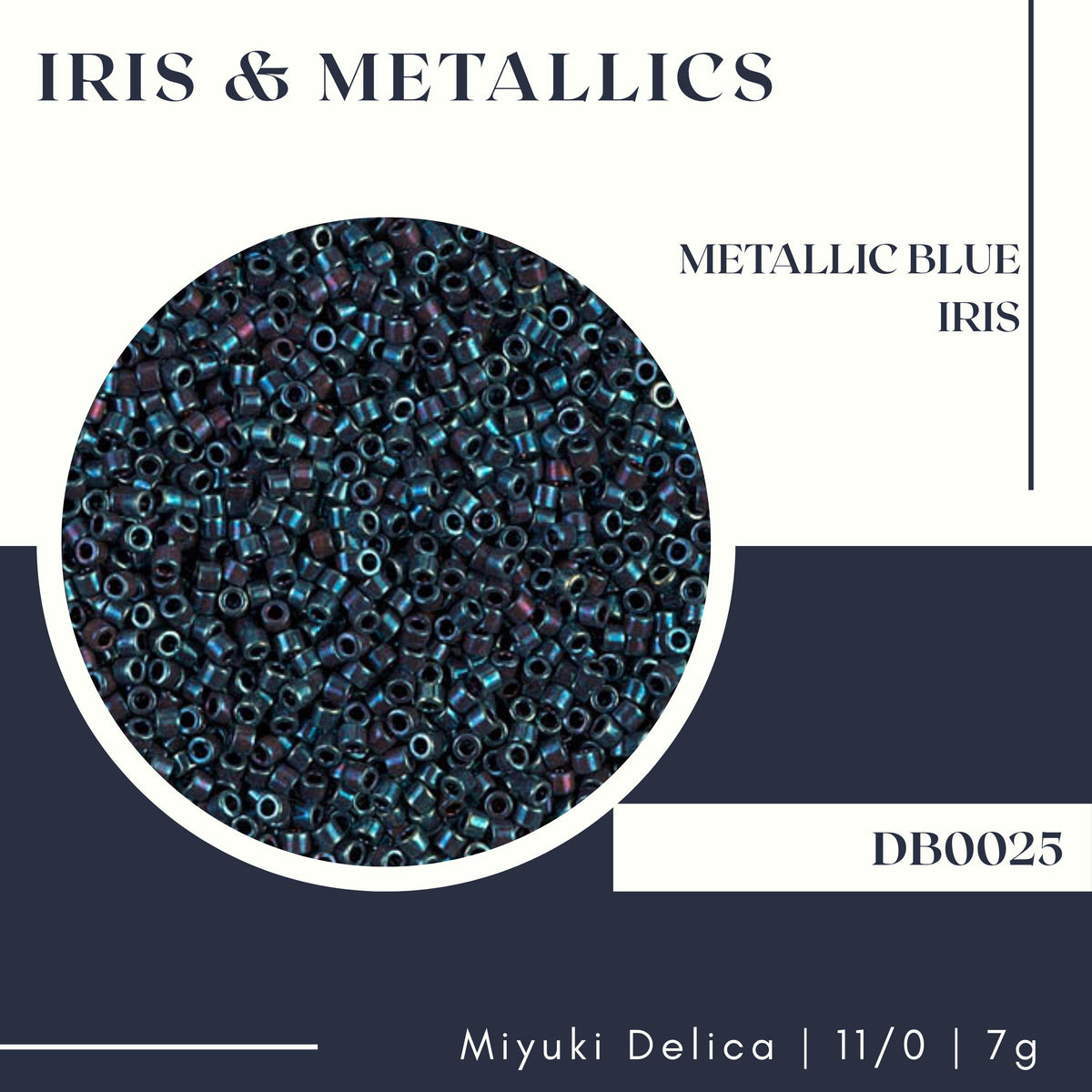 The image is a collage of multiple images, including a close-up of a circular object filled with small blue beads, and a larger image of a blue metallic surface. The text in the image is limited to "IRIS & METALLICS" and "METALLIC BLUE IRIS", and includes the text "DB0025" and "Miyuki Delica | 11/0 | 7g".