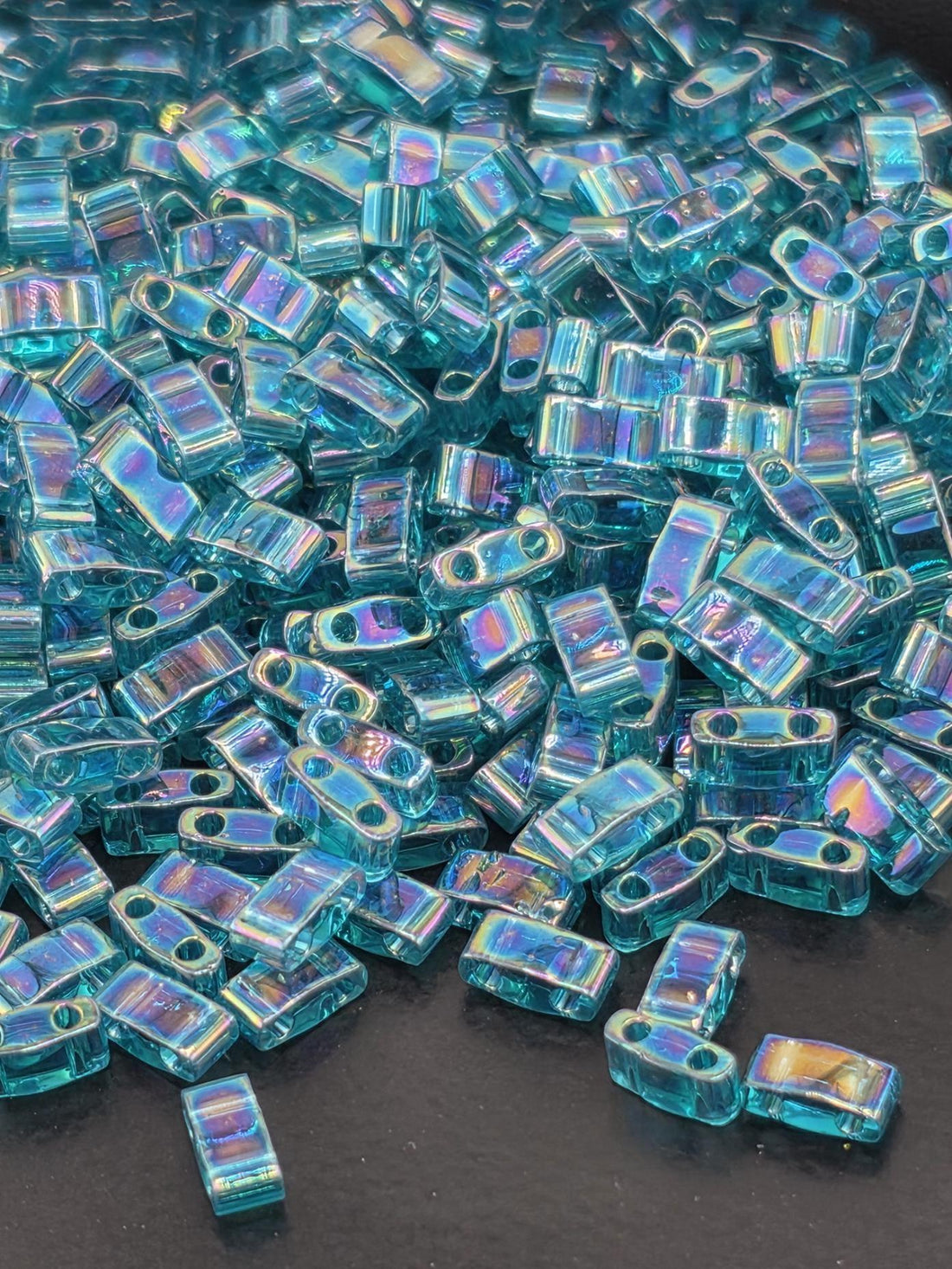 Miyuki Half Tila, Dark Teal Translucent Rainbow | Japanese Glass Tiles | 5mm Two Hole Beads