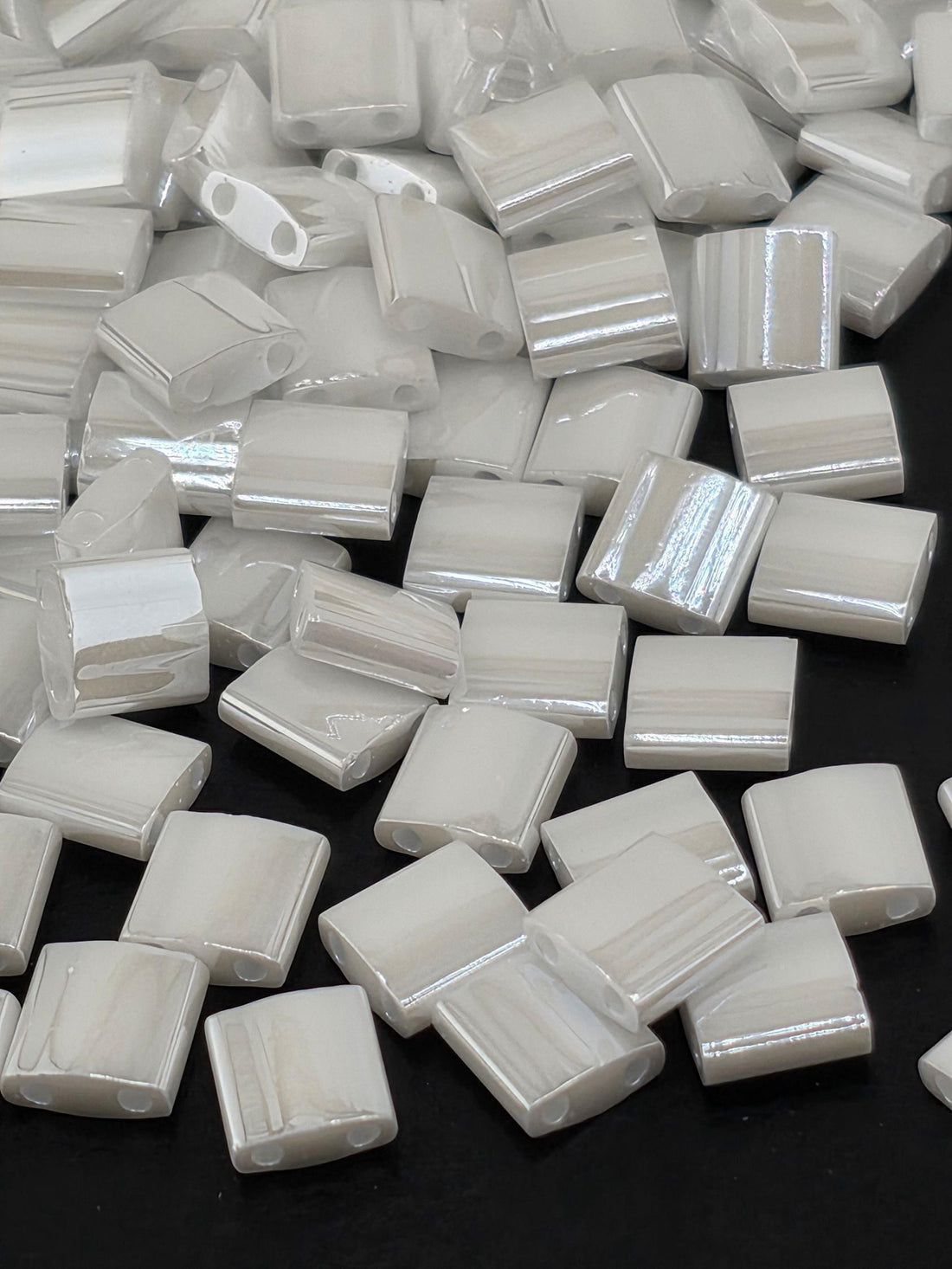 Miyuki Tila Beads, White Opaque Luster | Japanese 5mm Square - Dual Hole Flat Weaving Supply