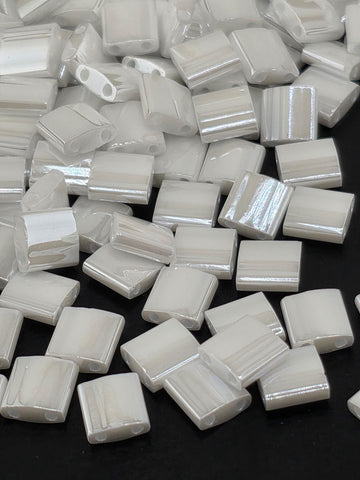 Miyuki Tila Beads, White Opaque Luster | Japanese 5mm Square - Dual Hole Flat Weaving Supply
