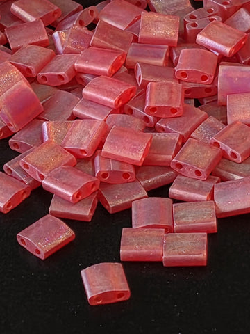 Miyuki Tila Beads, Red Translucent Matte Rainbow | Square 5mm Dual Hole | Japanese Flat Weaving Supply