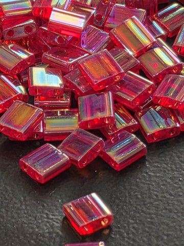 Miyuki Tila Beads, Berry Translucent Rainbow - Japanese Two Hole Glass | 7.5G Pkg | 5X5X1.9Mm