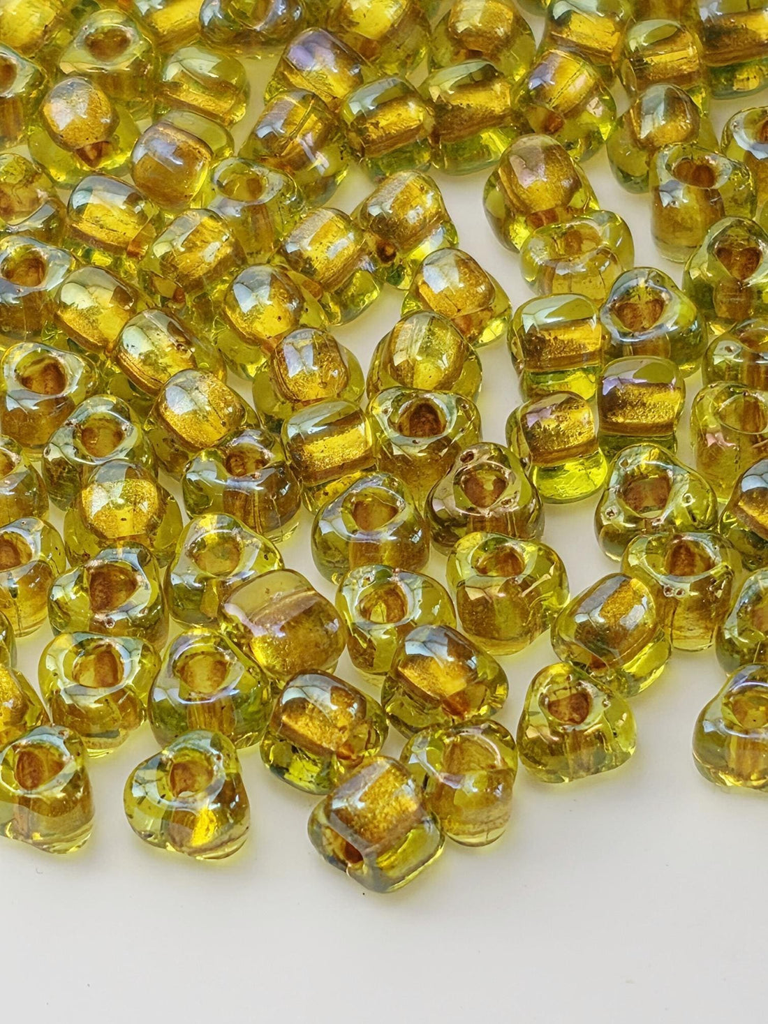 Miyuki Triangle Beads, Peridot/Amber Inside Color Lined Sparkle | 5/0 | 15g Pack
