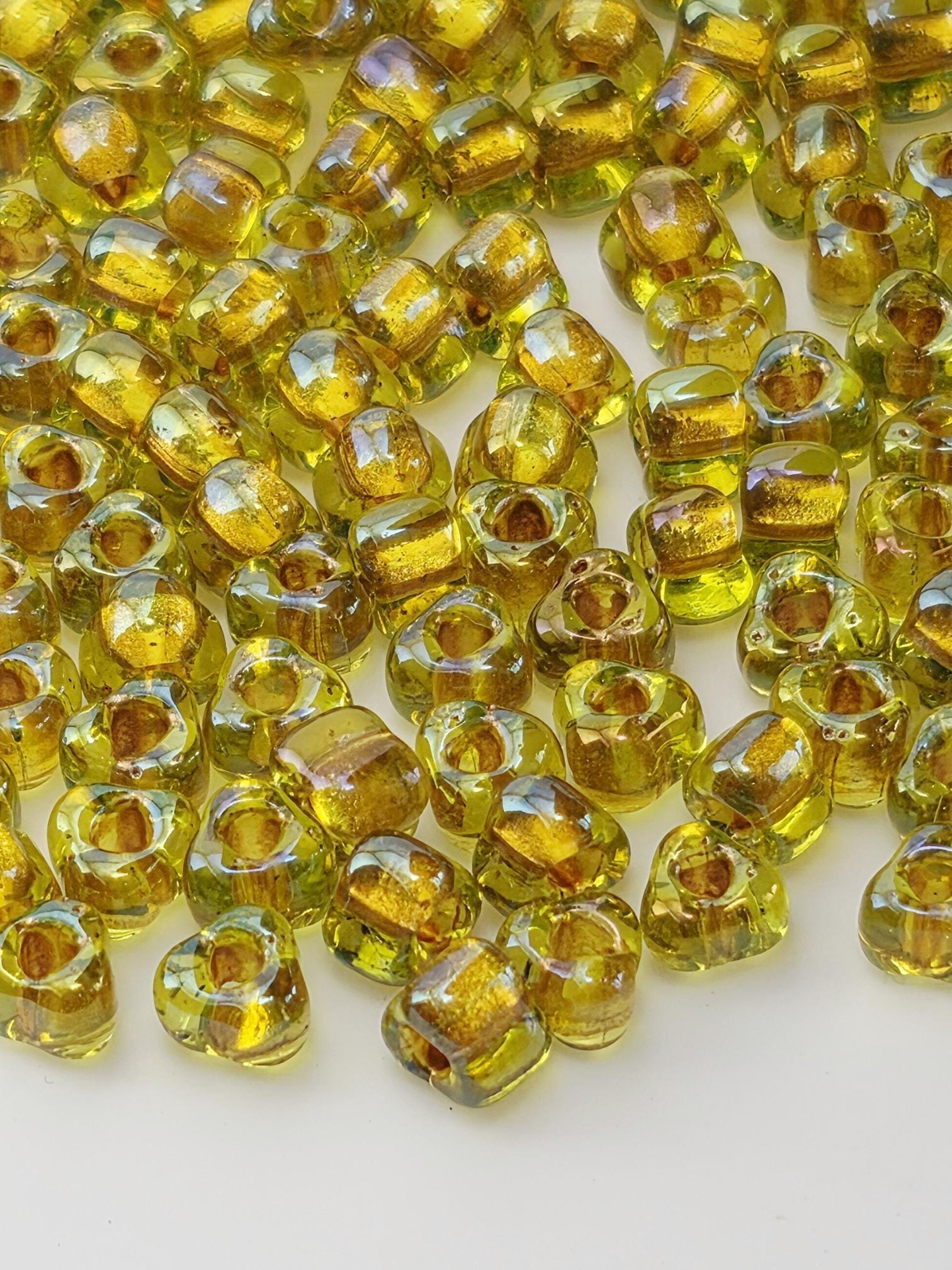 Miyuki Triangle Beads, Peridot Amber Inside Color Lined | Sparkle | Size 5/0