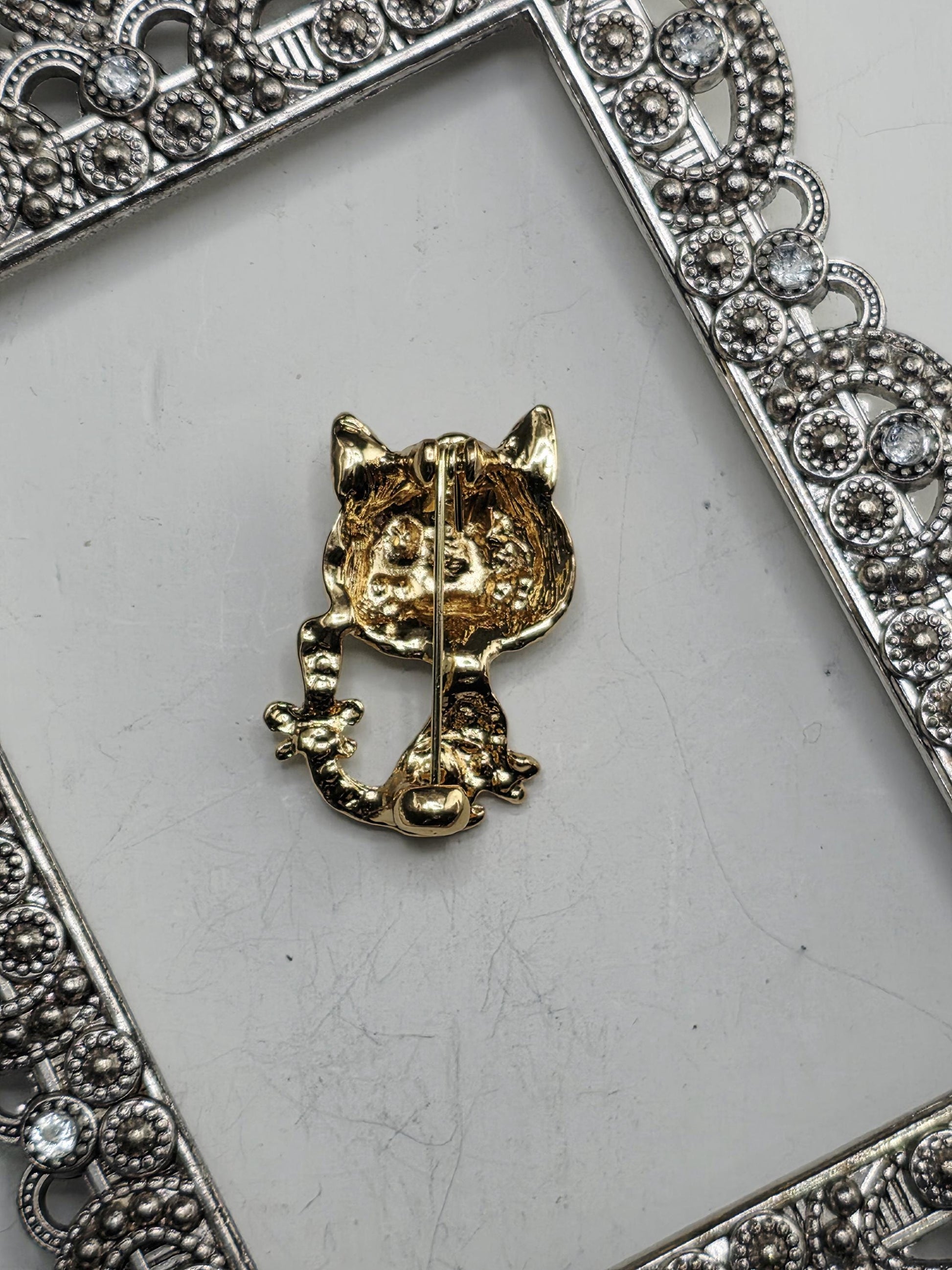 A decorative metal frame with a gold-colored pin or brooch in the center.