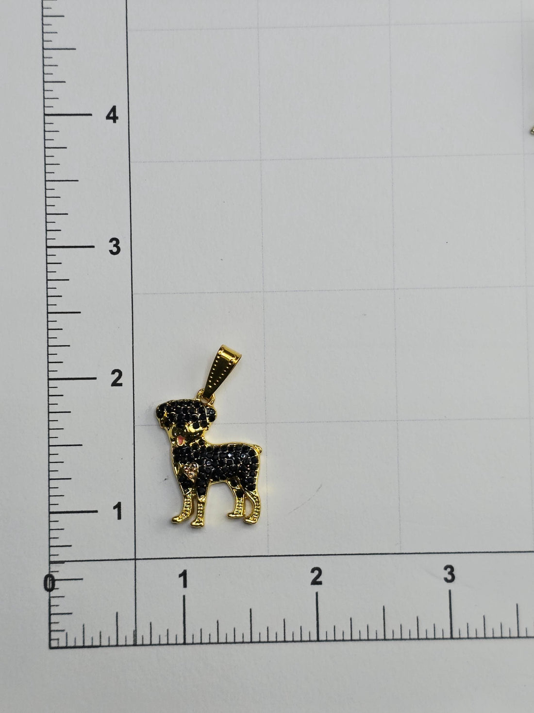A gold-colored pendant in the shape of a dog is displayed in a decorative silver frame.