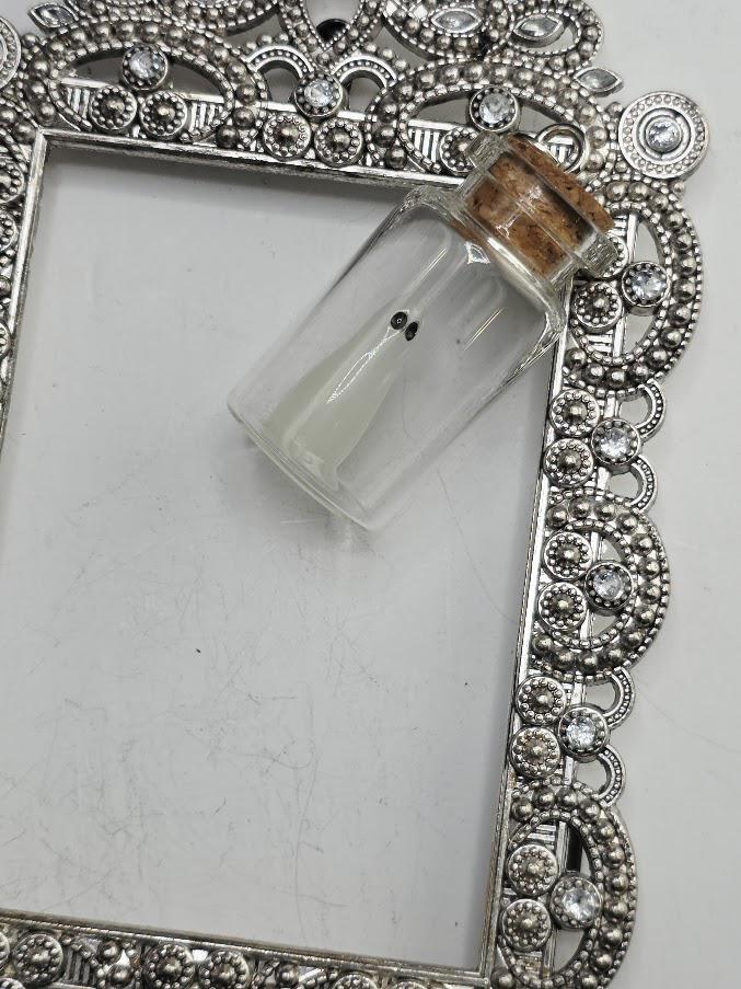 A clear glass bottle with a cork stopper is placed inside a decorative silver frame with intricate designs.