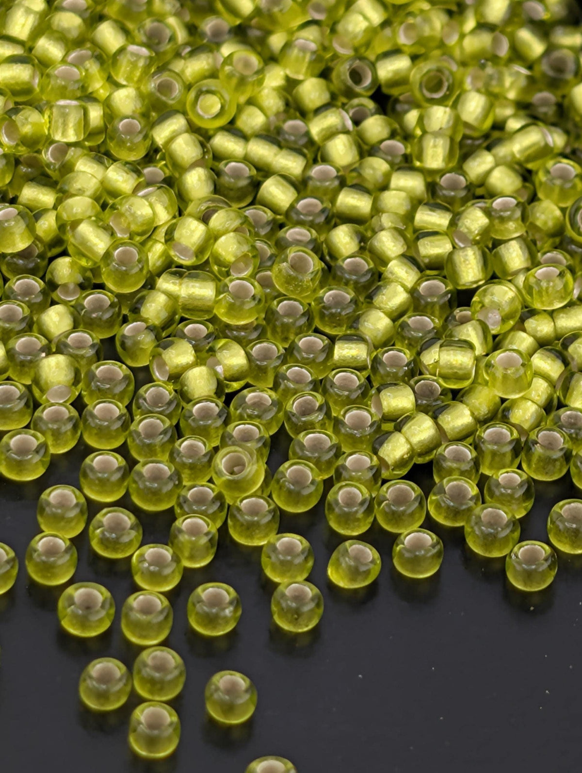 Silver-Lined Frosted Lime Green Size 11/0 Toho Round 2.5" tube