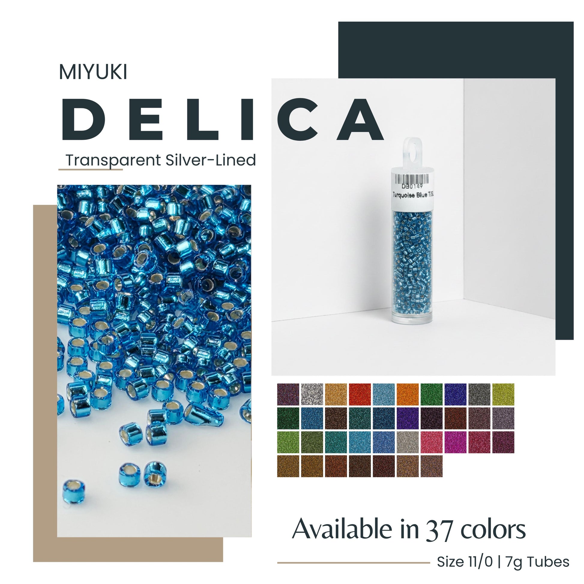 The image is a collage featuring a clear silver-lined tube filled with blue beads, a close-up of the blue beads, and a color palette of 37 different colored beads. The collage also includes text that describes the product as "Miyuki DELICA" and provides information about its availability in 37 colors, as well as the size of the 11/0/17g tubes.
