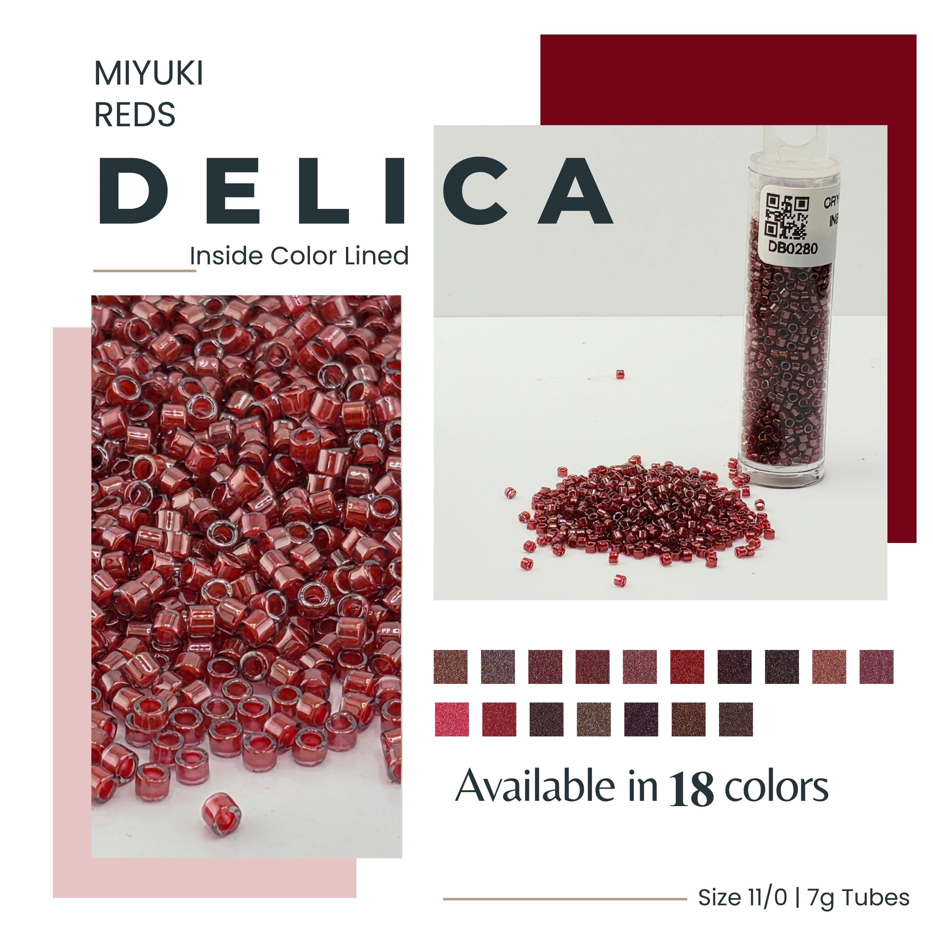 The image is an advertisement for Miyuki Red's Delica beads. It features a close-up of the beads in various shades of red, as well as a close-up of the beads in a tube. The text highlights the availability of the beads in 18 colors and the size of the tubes, which are 11/0/17g.