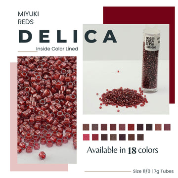 The image is an advertisement for Miyuki Red's Delica beads. It features a close-up of the beads in various shades of red, as well as a close-up of the beads in a tube. The text highlights the availability of the beads in 18 colors and the size of the tubes, which are 11/0/17g.