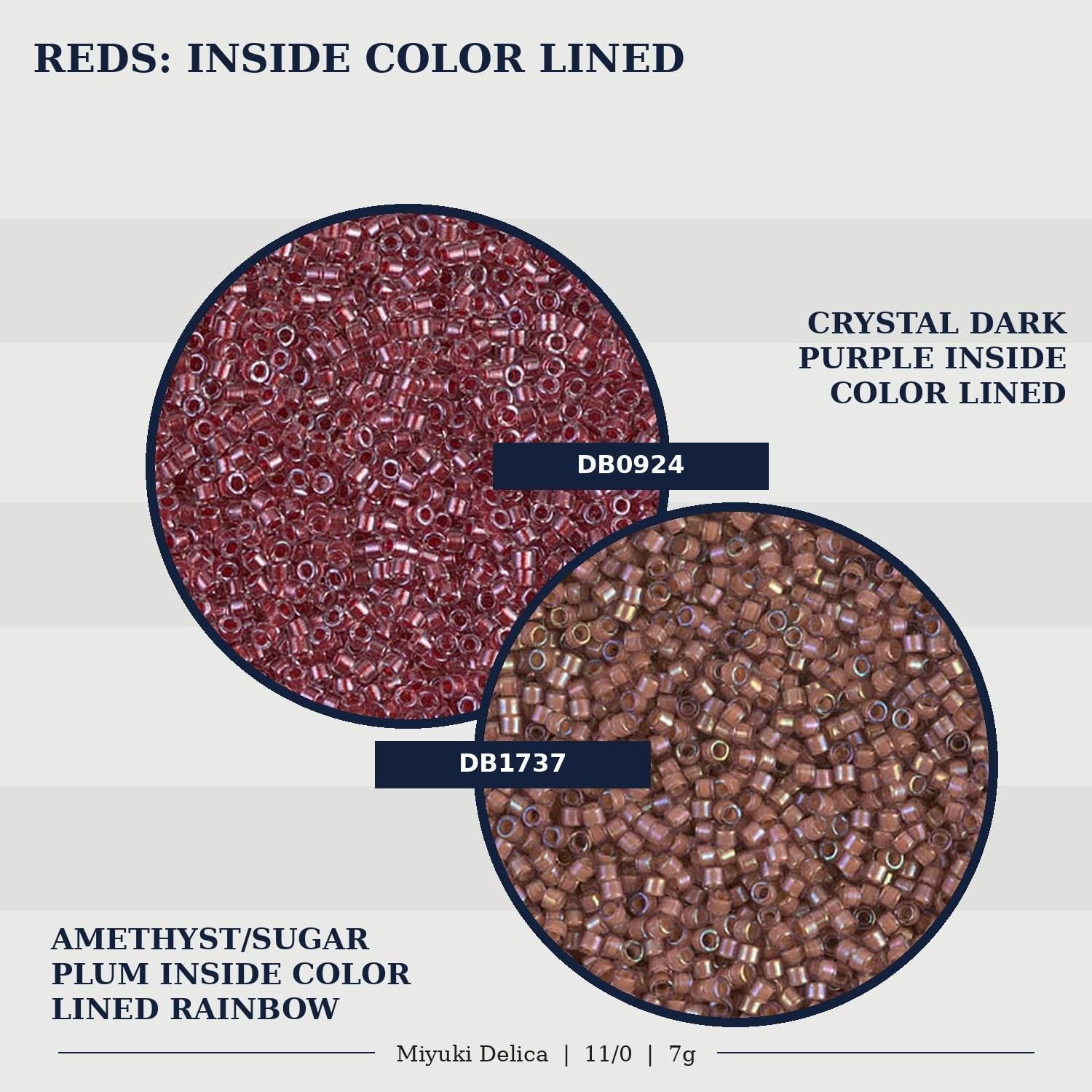 two different colored beads, one red and one brown, both inside a circular frame. The text indicates that the beads are inside color-lined beads, with the red beads being inside a purple-colored bead and the brown beads being inside a purple-colored bead.