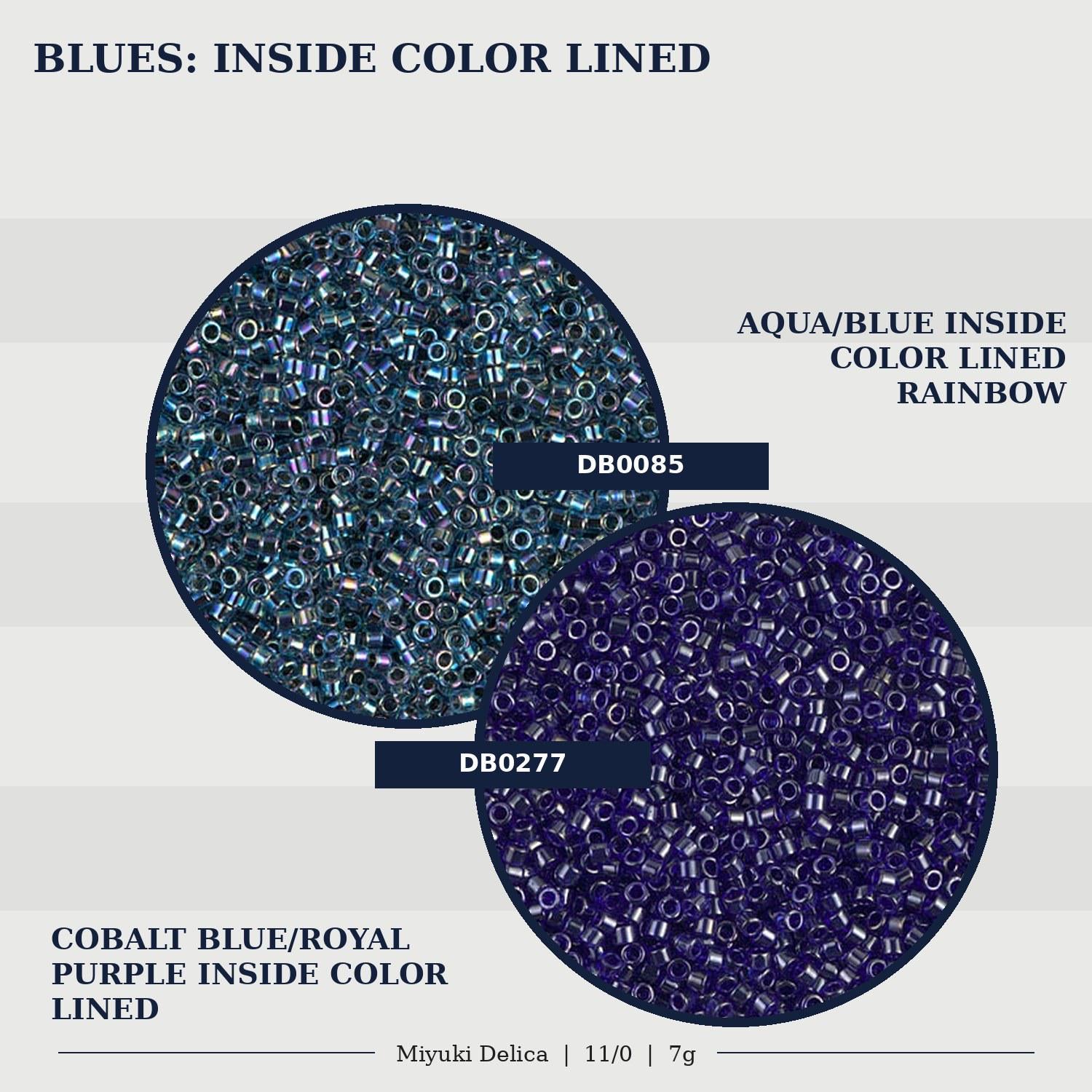 The image is a collage of two images, each depicting a different colored bead. The first image shows a blue bead, and the second image shows a purple bead. The text above the images reads "BLUES: INSIDE COLOR LINED" and below the images, it says "AQUA/BLUE INSIDE COLOR LINED RAINBOW".