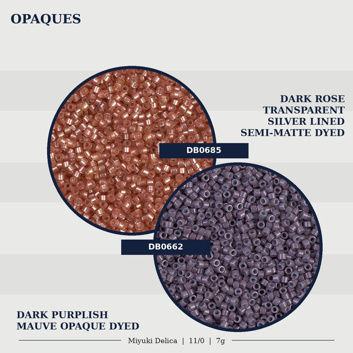 two different types of Opaque beads, one in a dark rose color and the other in a silver lined semi-matte dyed color.