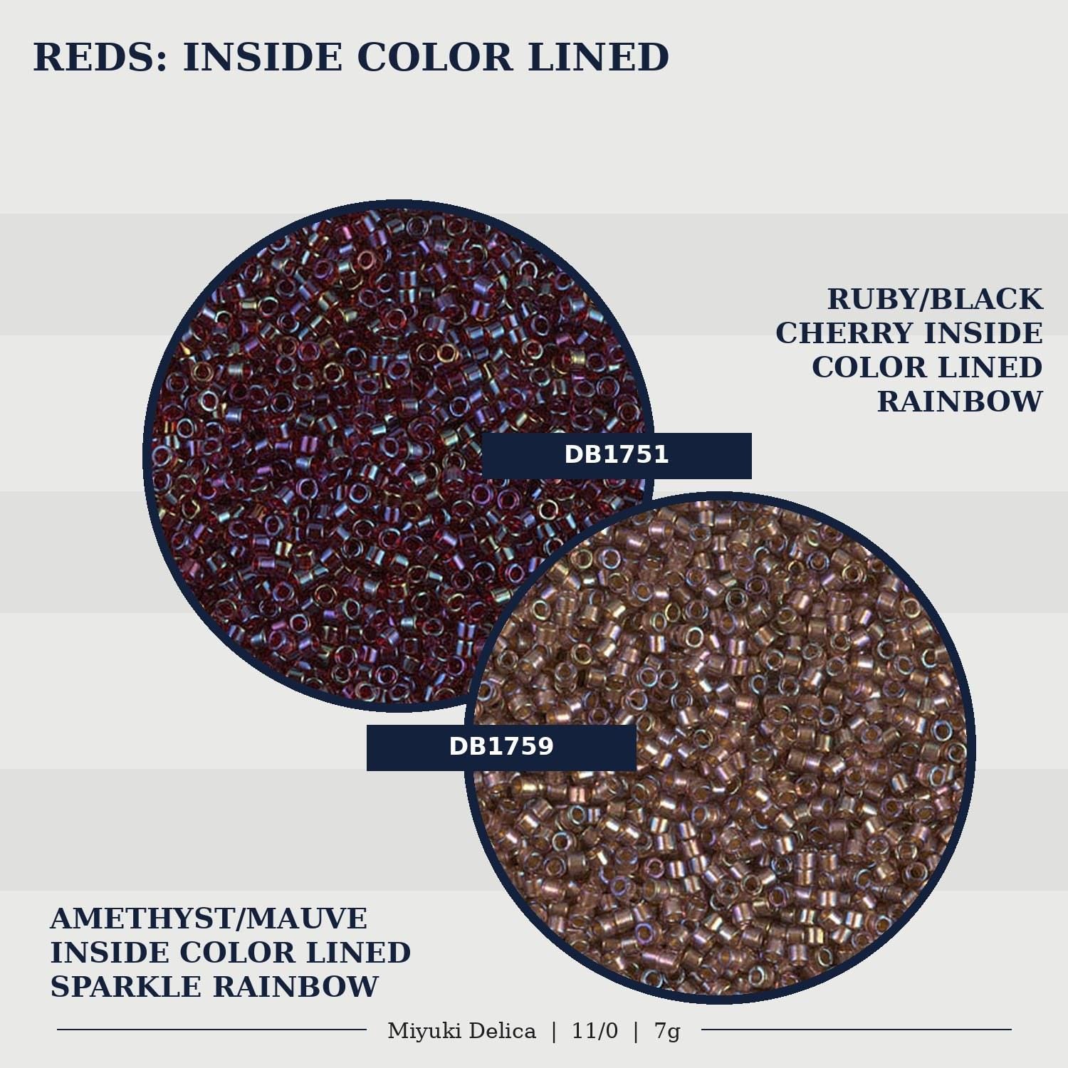two different types of beads, one with a red color and the other with a black color, both labeled as "Inside Color Lined Rainbow".