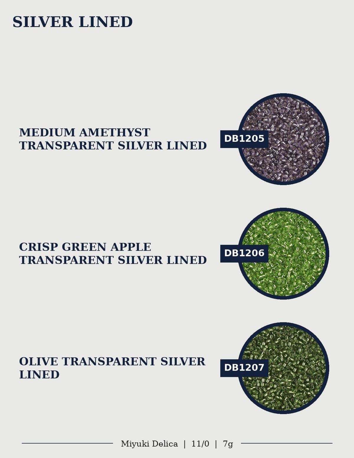 three different colored silvers, each with a label indicating the type of silver lining used.