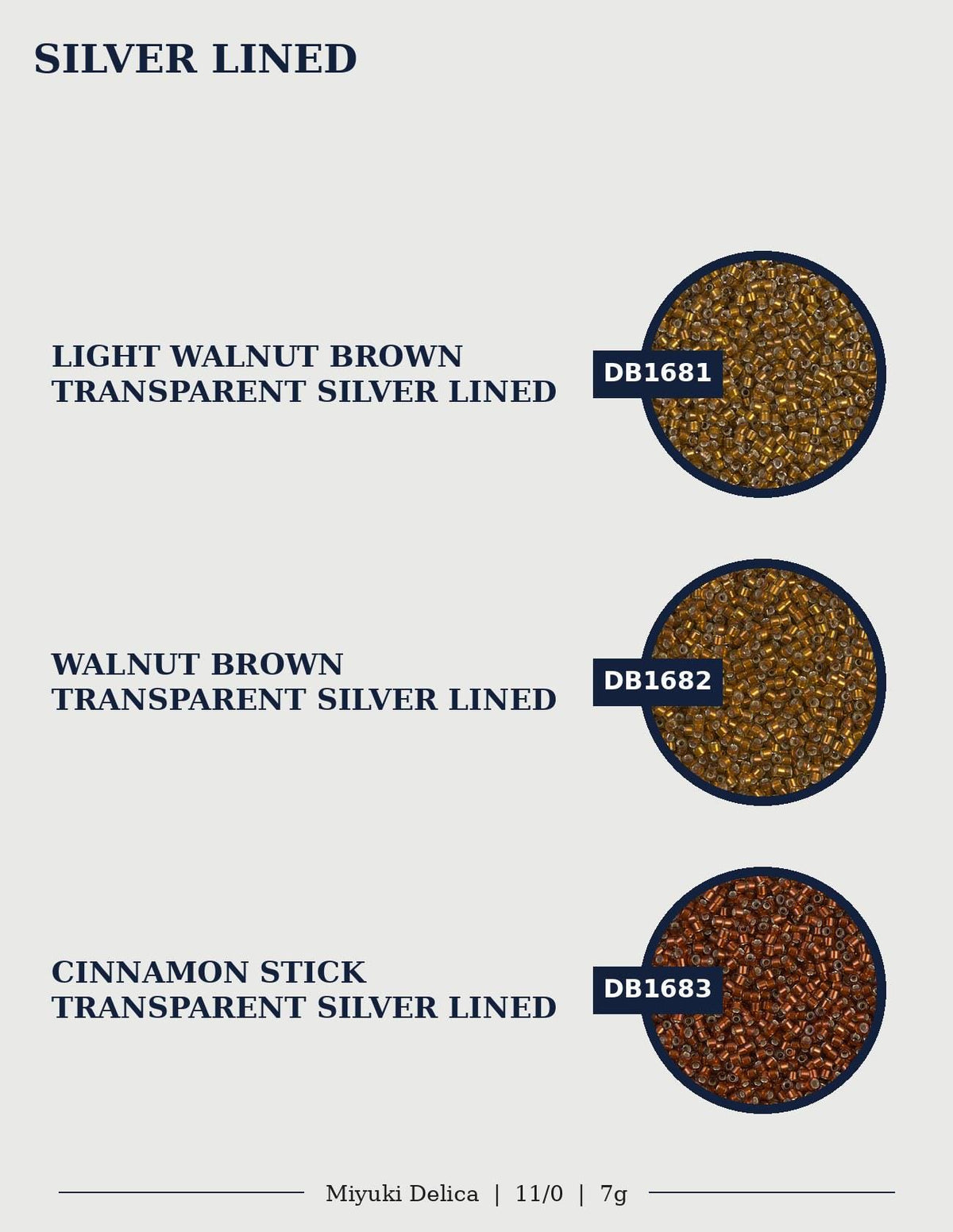 three circular images, each containing a different type of transparent silver lined material. The first image shows a light brown walnut-colored material, the second image displays a darker brown walnut-colored material, and the third image features a cinnamon-colored material.
