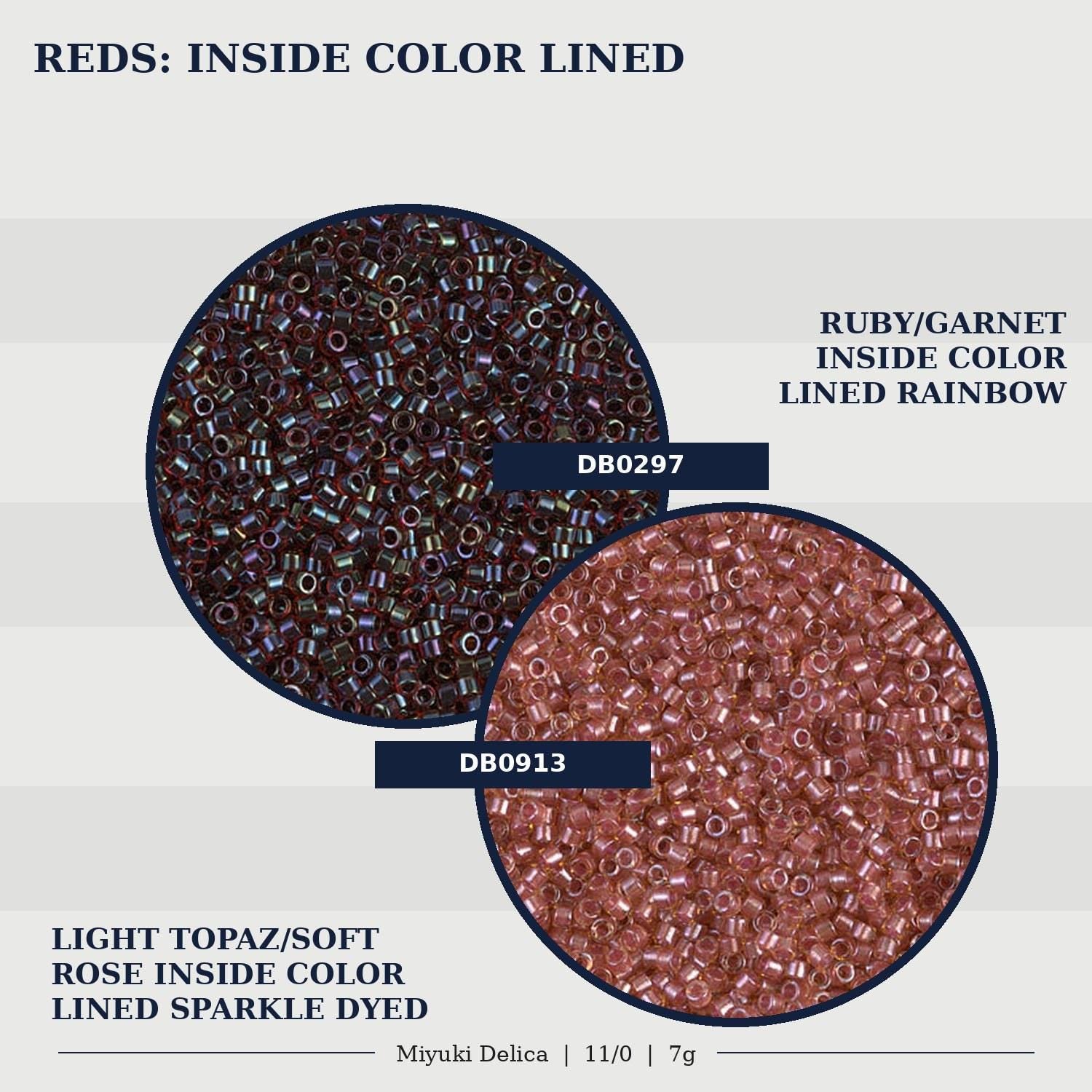two different colored beads, one red and one pink, arranged in a circular pattern. The text indicates that these beads are inside color-lined beads, with the red beads being Ruby/Garnet and the pink beads being Light Topaz/Soft Rose inside color lined sparkle dyed.