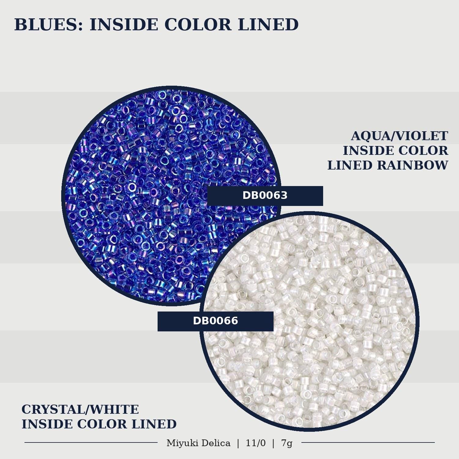 The image is a collage of two images, each containing a different type of bead or material. The first image shows a circular arrangement of blue beads, and the second image shows a circular arrangement of white beads. The text above the images reads "BLUES: INSIDE COLOR LINED" and below the images, it says "AQUAVIROLT INSIDE COLOR LINED RAINBOW" and "CRYSTAL/WHITE INSIDE COLOR LINED".