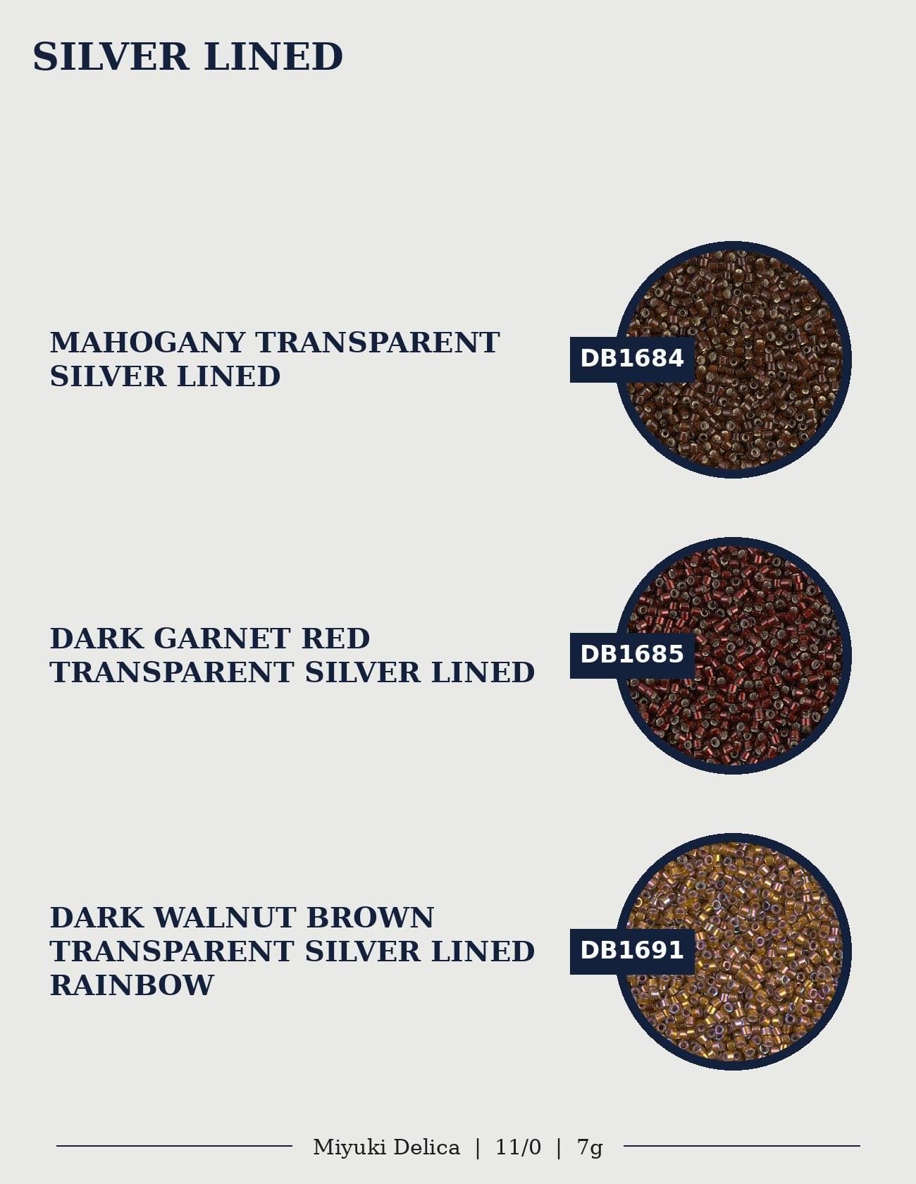 three circular images, each containing a different colored material, which are described as "SILVER LINED".