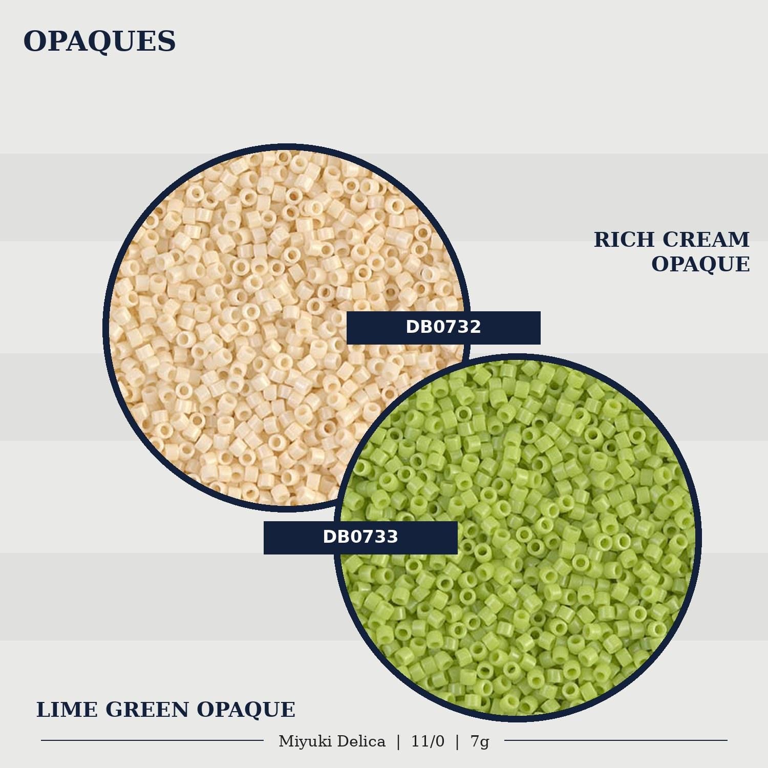 two circles of different colored beads, one with a light green color and the other with a darker green color. The text above the circles indicates that they are "OPAQUES" and "RICH CREAM OPAPE".