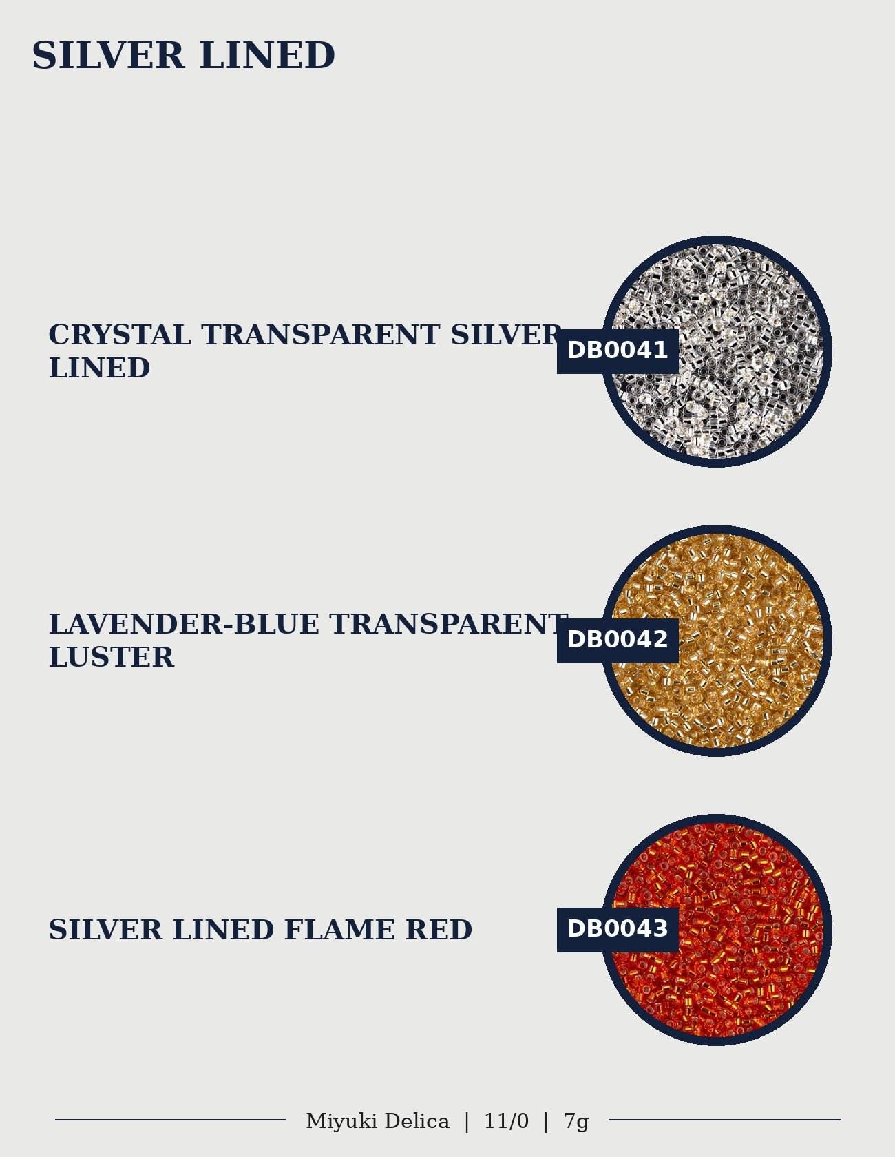 three different colored silvers, each with a unique label. The silvers are labeled as "CRYSTAL TRANSPARENT SILVER LINED", "LAVERNER-BLUE TRANSPARENT LUSTER", and "SILVER LINED FLAME RED".