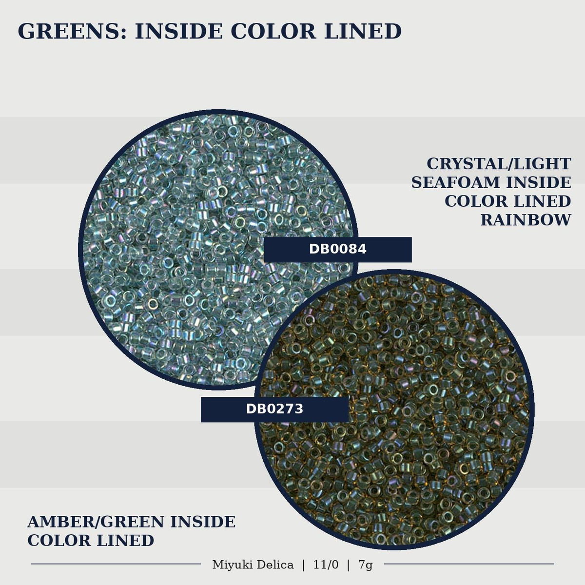 two circular images, each containing a collection of beads or beads inside a color-lined container. The beads are arranged in a way that they appear to be inside a color-lined container, with the colors being described as "AMBER/GREEN" and "CRYSTAL/LIGHT SEAFOAM INSIDE COLOR LINED RAINBOW". The image is a collage of two separate images, and the text is limited to a maximum of 500 characters.