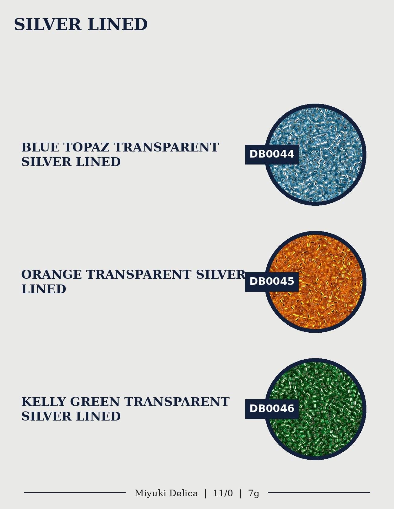 three different colored transparent silvers, each with a label indicating the color and type of silvers.