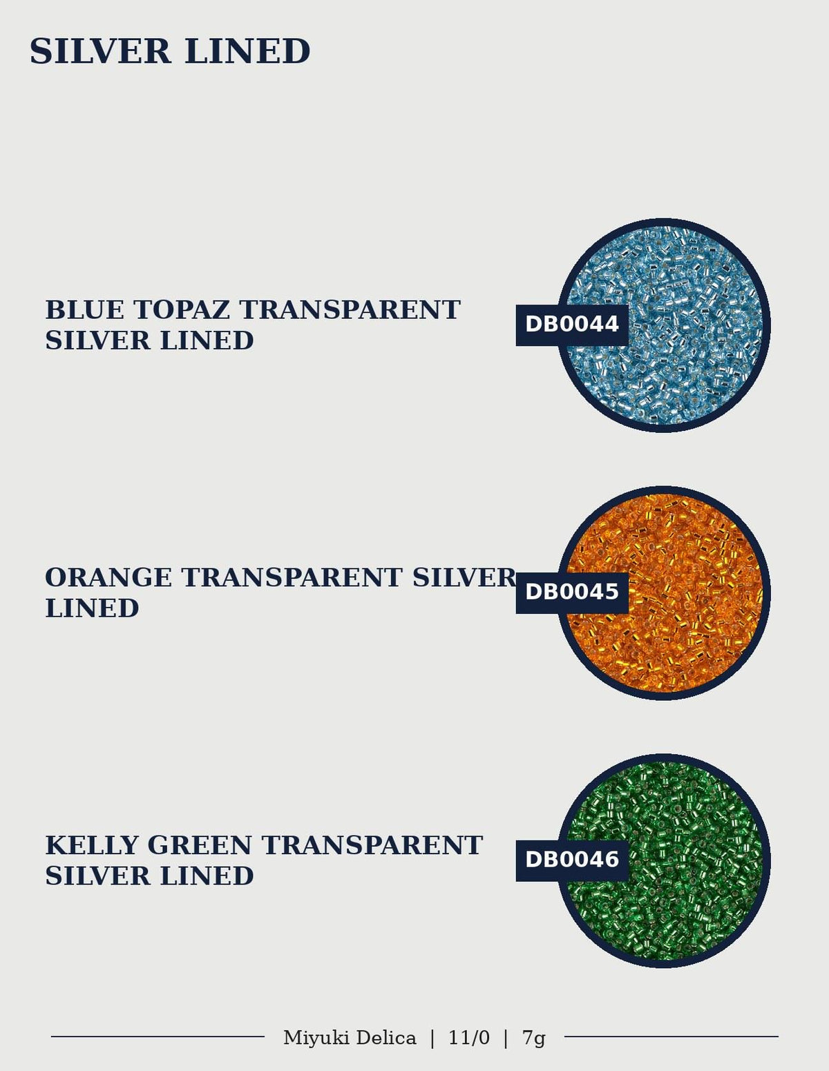three different colored transparent silvers, each with a label indicating the color and type of silvers.
