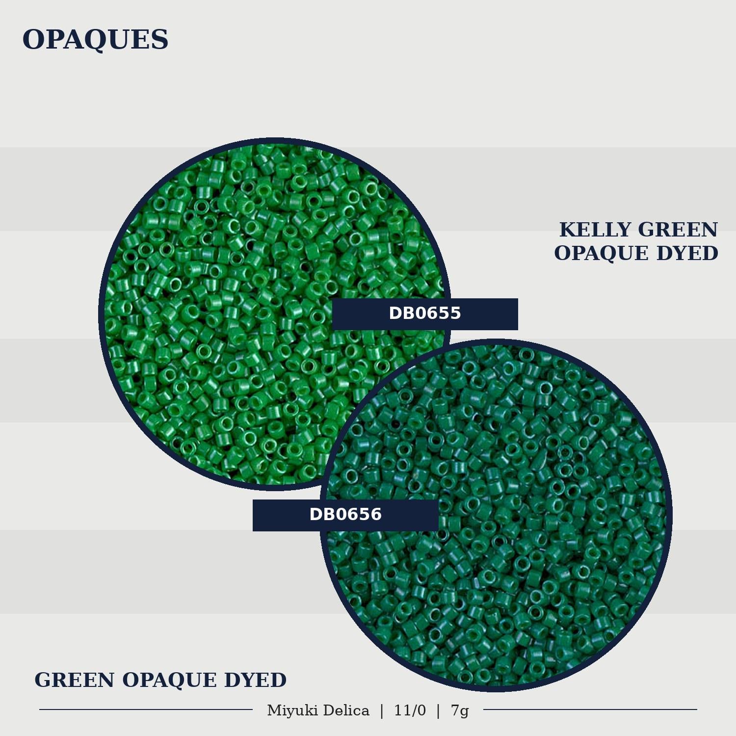 two circles of green beads, one labeled "OPAQUES" and the other labeled "KELLY GREEN OPAQUE DYED".