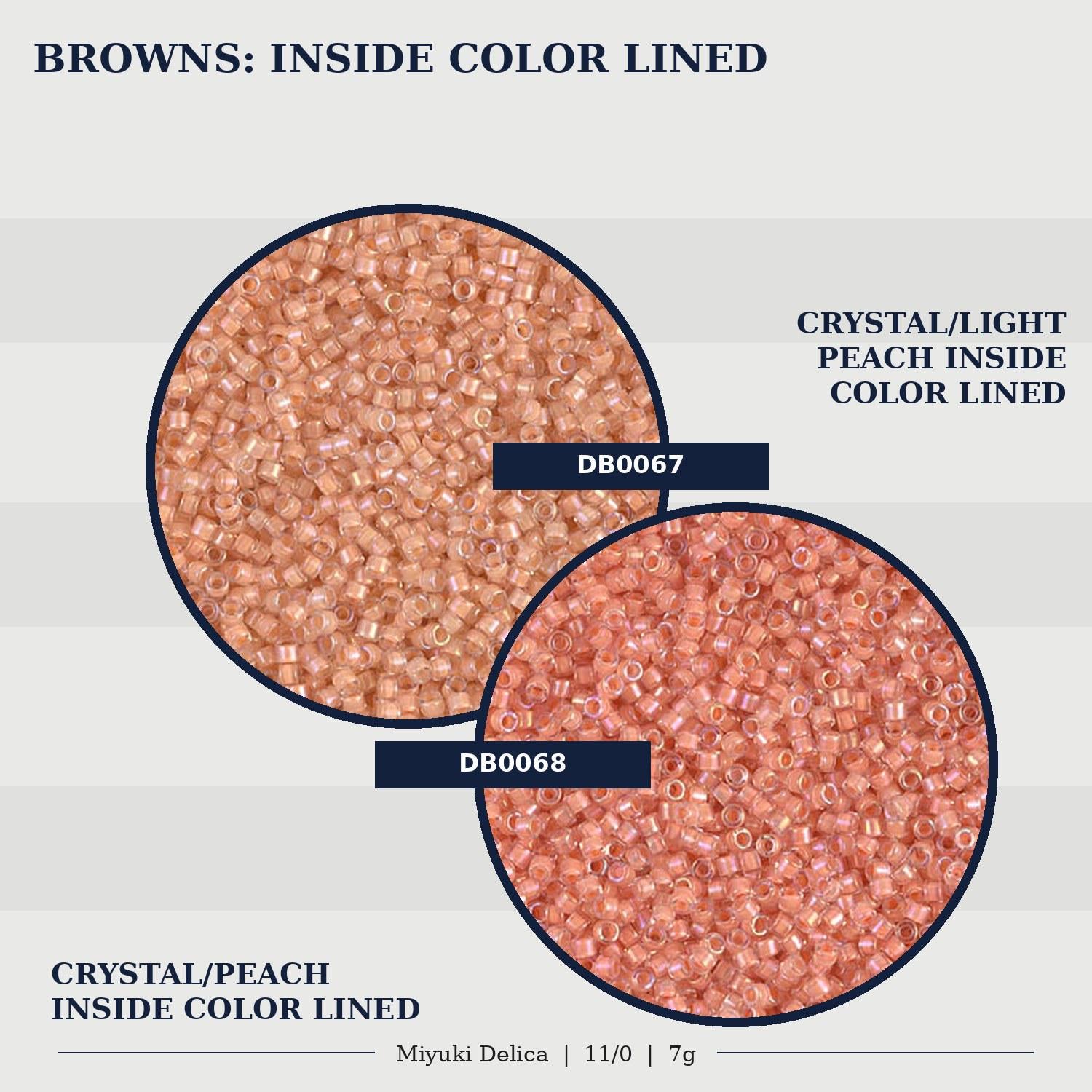 two different colored beads, one labeled "CRYSTAL/PEACH" and the other labeled "CRYSTAL/PEACH INSIDE COLOR LINED".