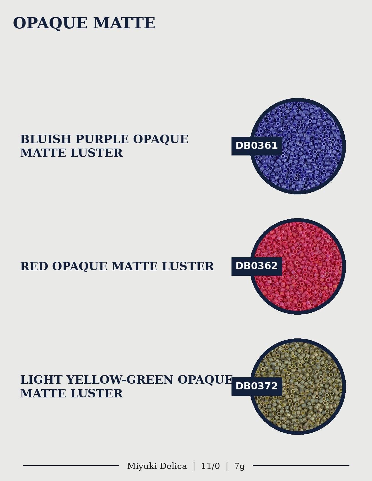 three different color samples of a matte luster material, each with a distinct color: purple, red, and yellow-green.
