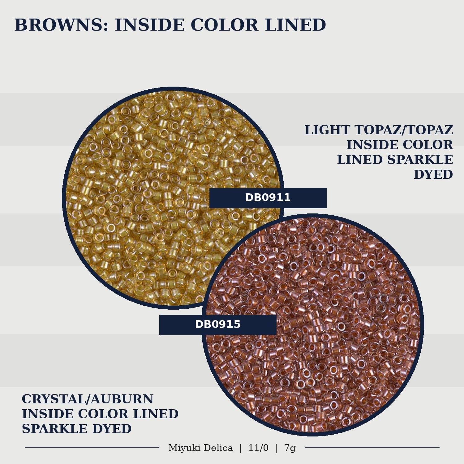two circular arrangements of beads, one with a light brown color and the other with a dark brown color, both labeled as "CRYSTAL/AUBURN" and "INDOOR COLOR LINED SPARKLE DYED" respectively.
