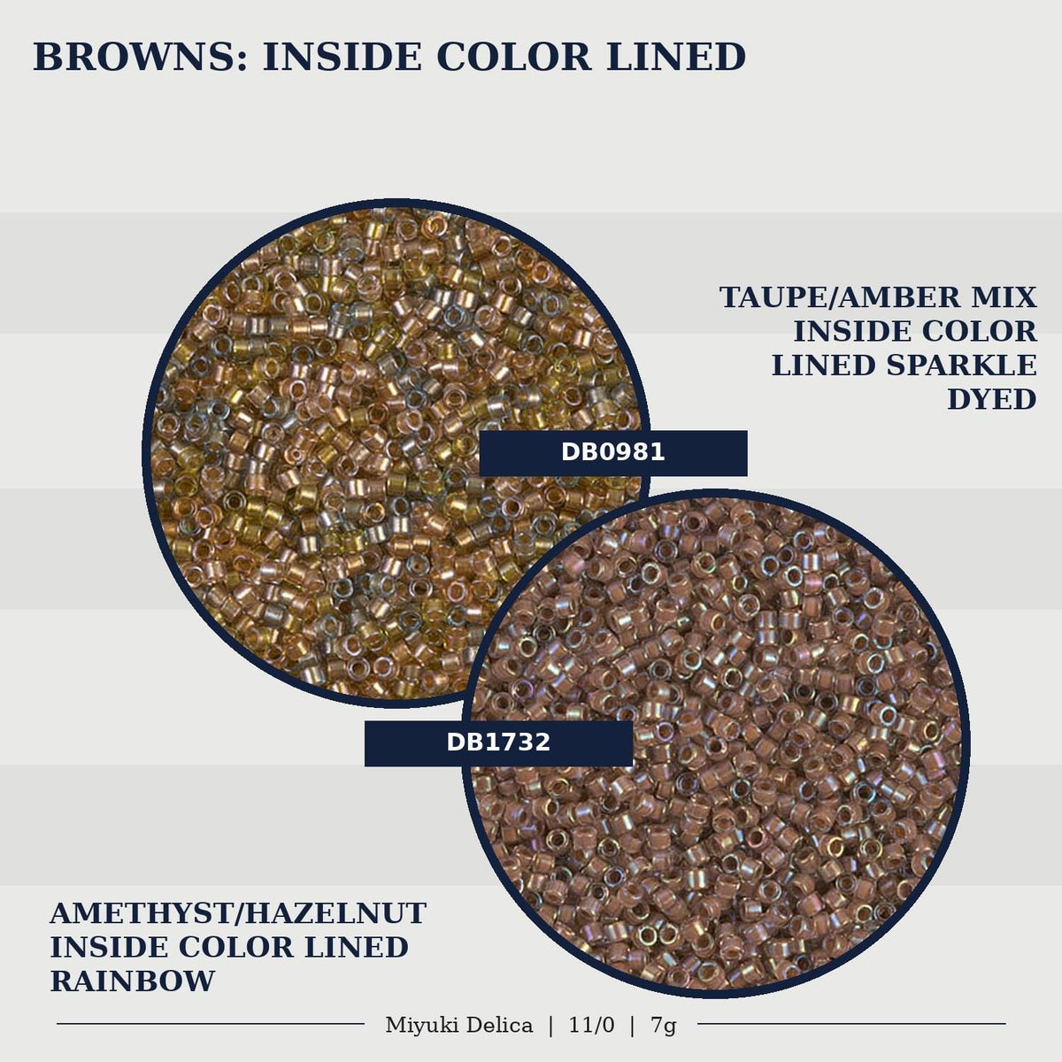 two different types of beads, one with a brown color and the other with a brown color, both of which are inside color lined sparkle dyed.