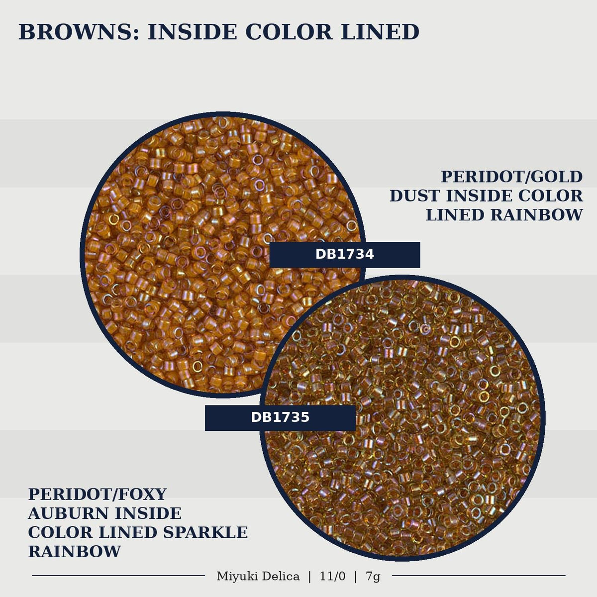 two different types of beads, each with a distinct color and pattern. The beads are labeled as "Peridot/Gold Dust Inside Color Lined Rainbow" and "Auburn Inside Color Lined Sparkle Rainbow". The image is a collage of two separate images, and the text is limited to 500 characters, avoiding redundancy and ensuring clarity.