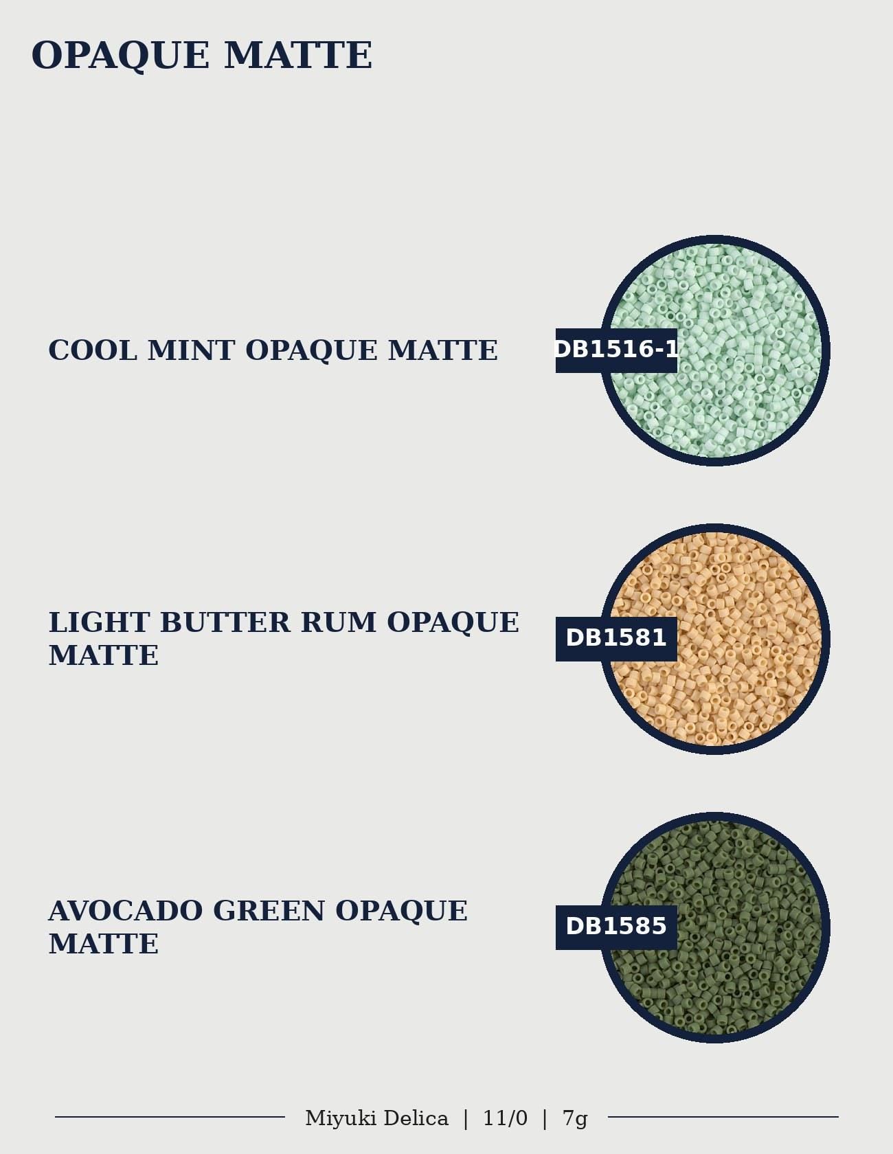 three different colored spheres, each representing a different type of opaque matte: Cool Mint, Light Butter Rum, and Avocado Green Opaque.