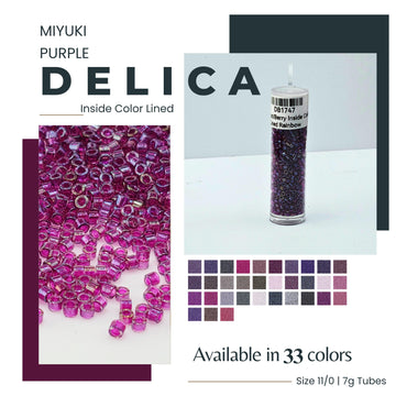 The image is a promotional poster for the Miyuki Purple Delica beads. It features a close-up of the beads in a purple color, along with a color swatch showcasing the available colors. The poster also includes a description of the product and its features, such as the inside color lining and the size of the tubes.
