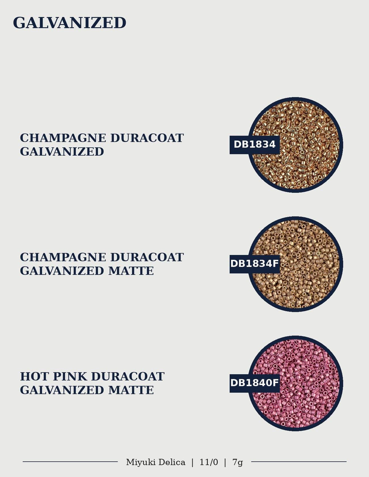 three different types of galvanized materials: champagne durability coat, champagne durability coat, and hot pink durability coat. Each material is described in detail, including the color and type of the material.