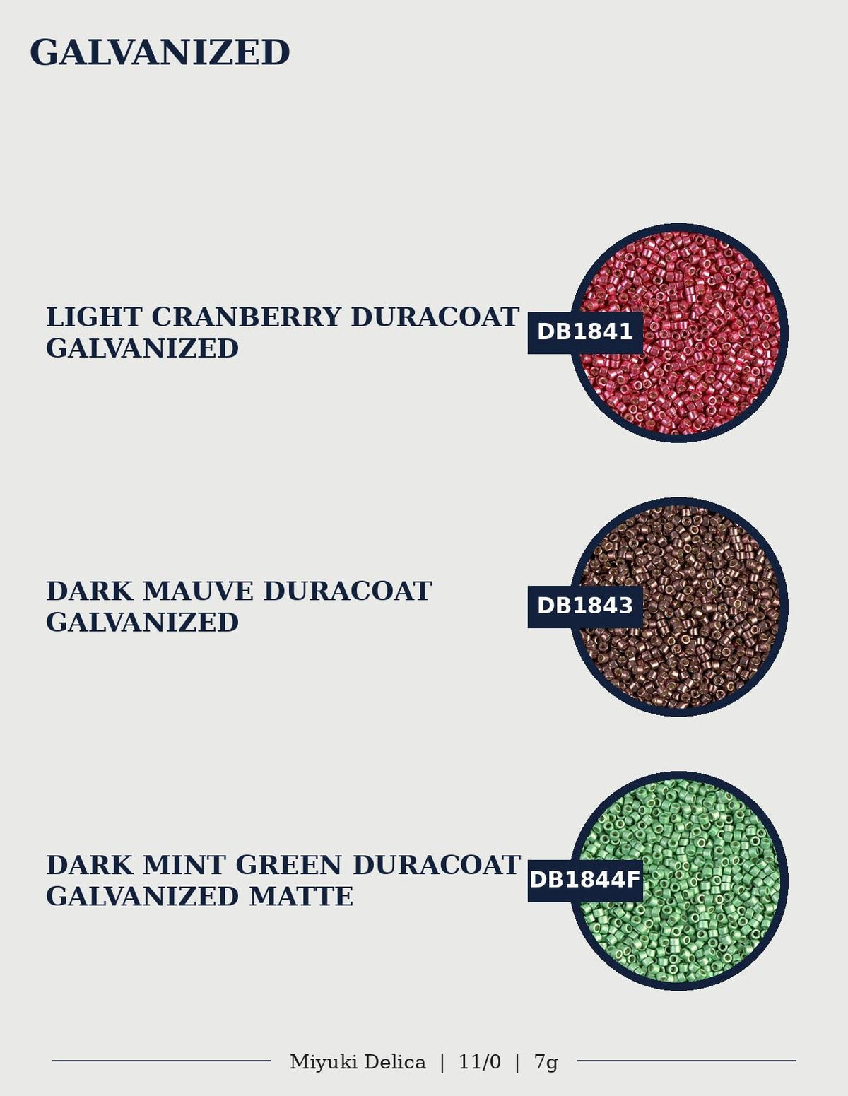 three different types of galvanized materials: light cranberry, dark mauve, and black mint green. Each material is described in a separate circle, and the image is labeled with the text "Miyuiki Delica | 11/0 | 7g".