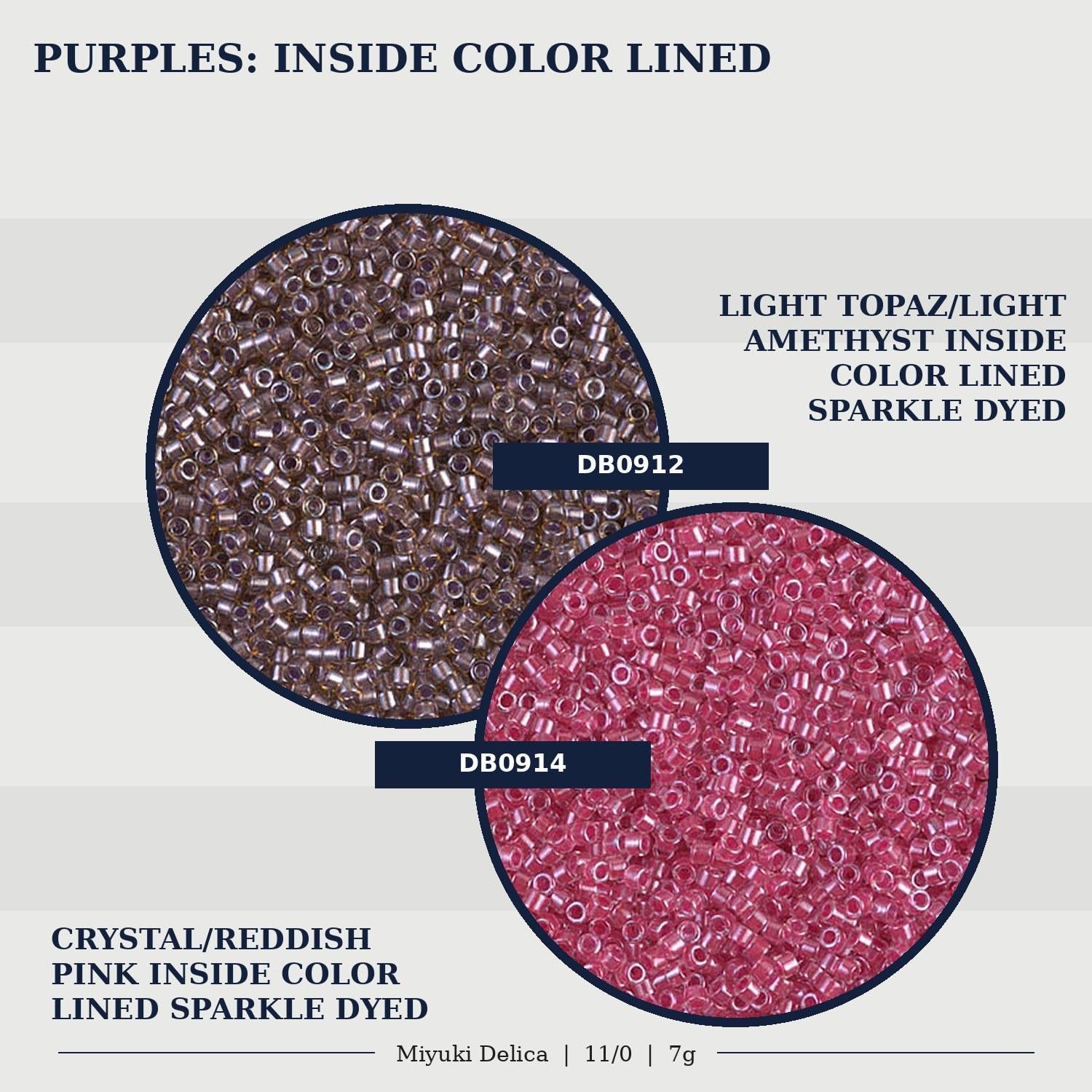 two different types of beads, one with a purple color and the other with a pink color, both with a color-lined sparkle dyed appearance.