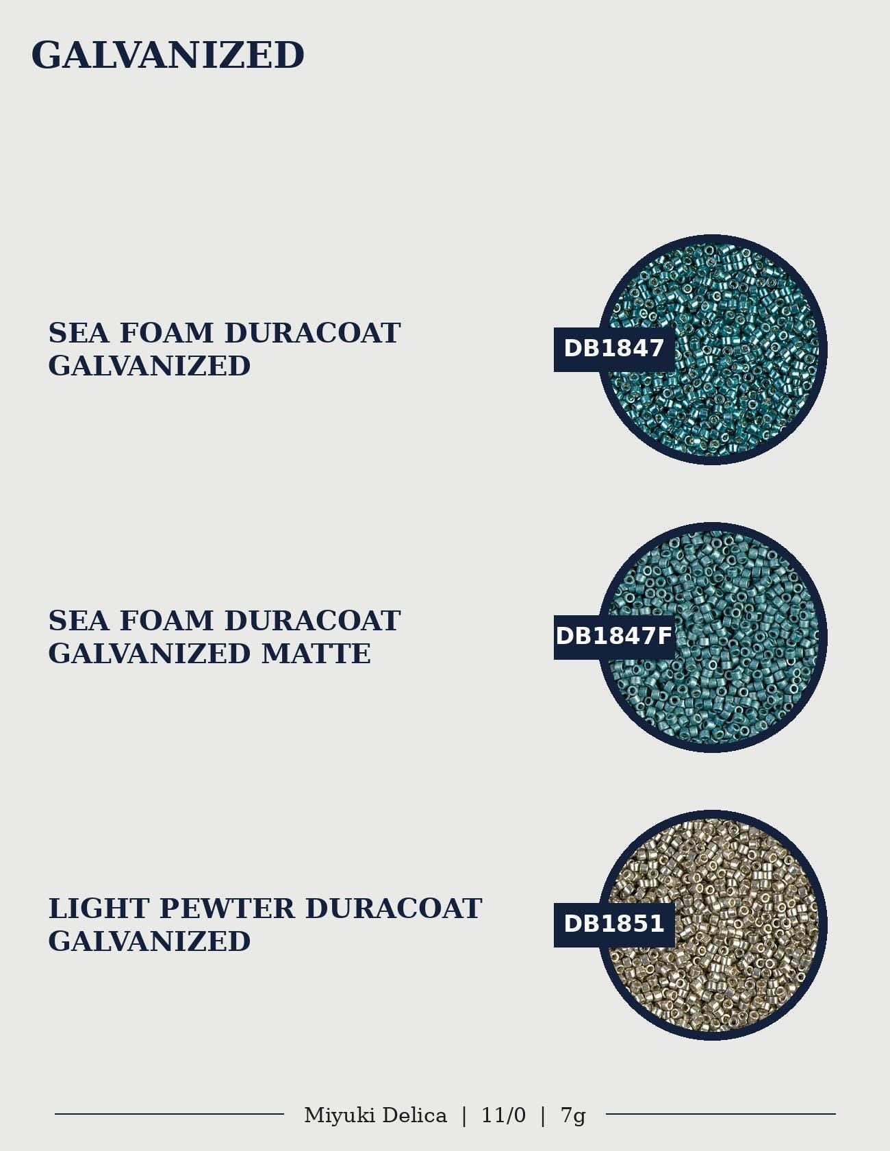 three different types of sea foam duralaccoat materials, each with a distinct color and size. The materials are labeled as "Sea Foam Duraccoat Galvanized" and "Light Pewter Duraccoat Galvanized".